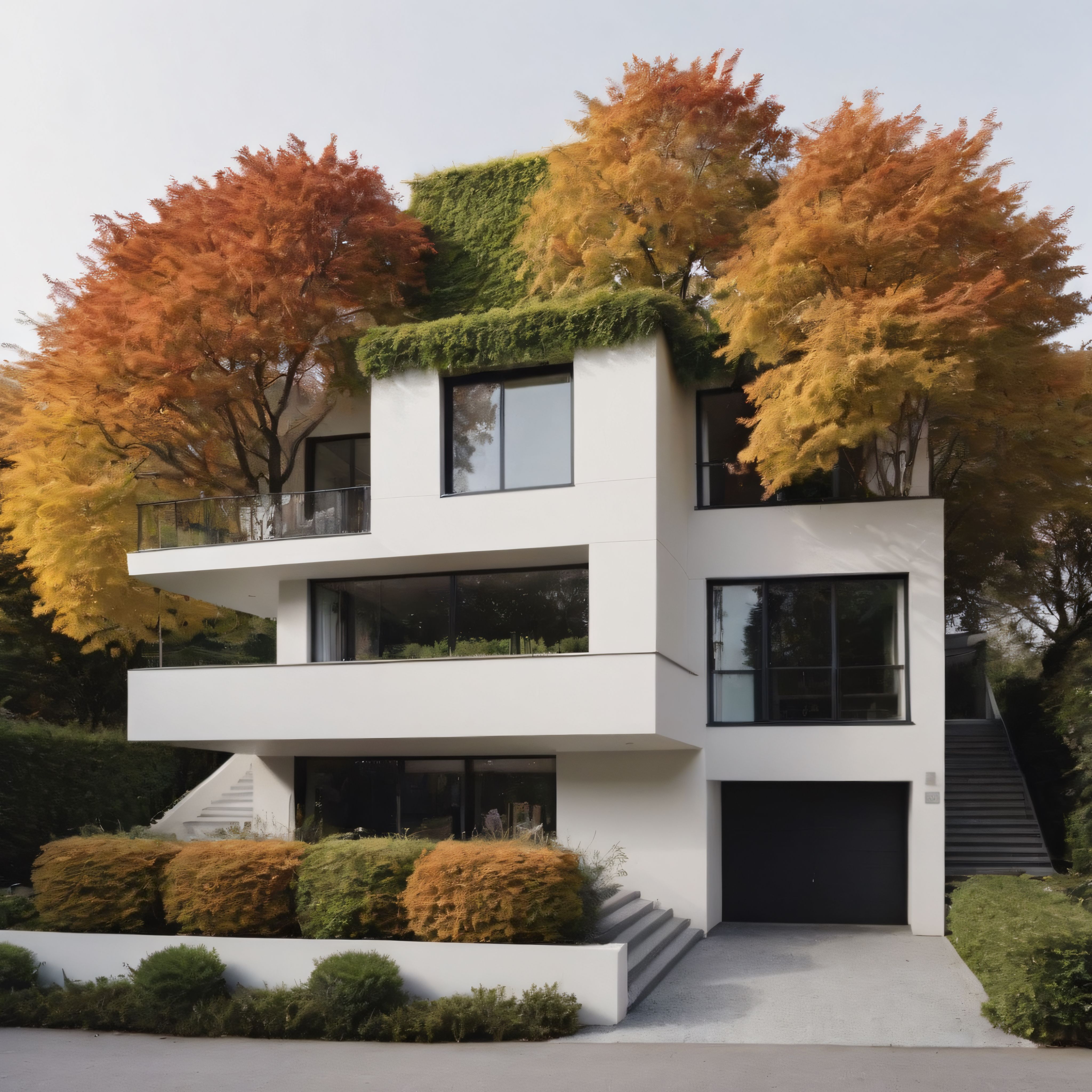 Sonbahar Ağaçlarıyla Çevrili Modern Beyaz Villa ve Yeşil Çatı Tasarımı