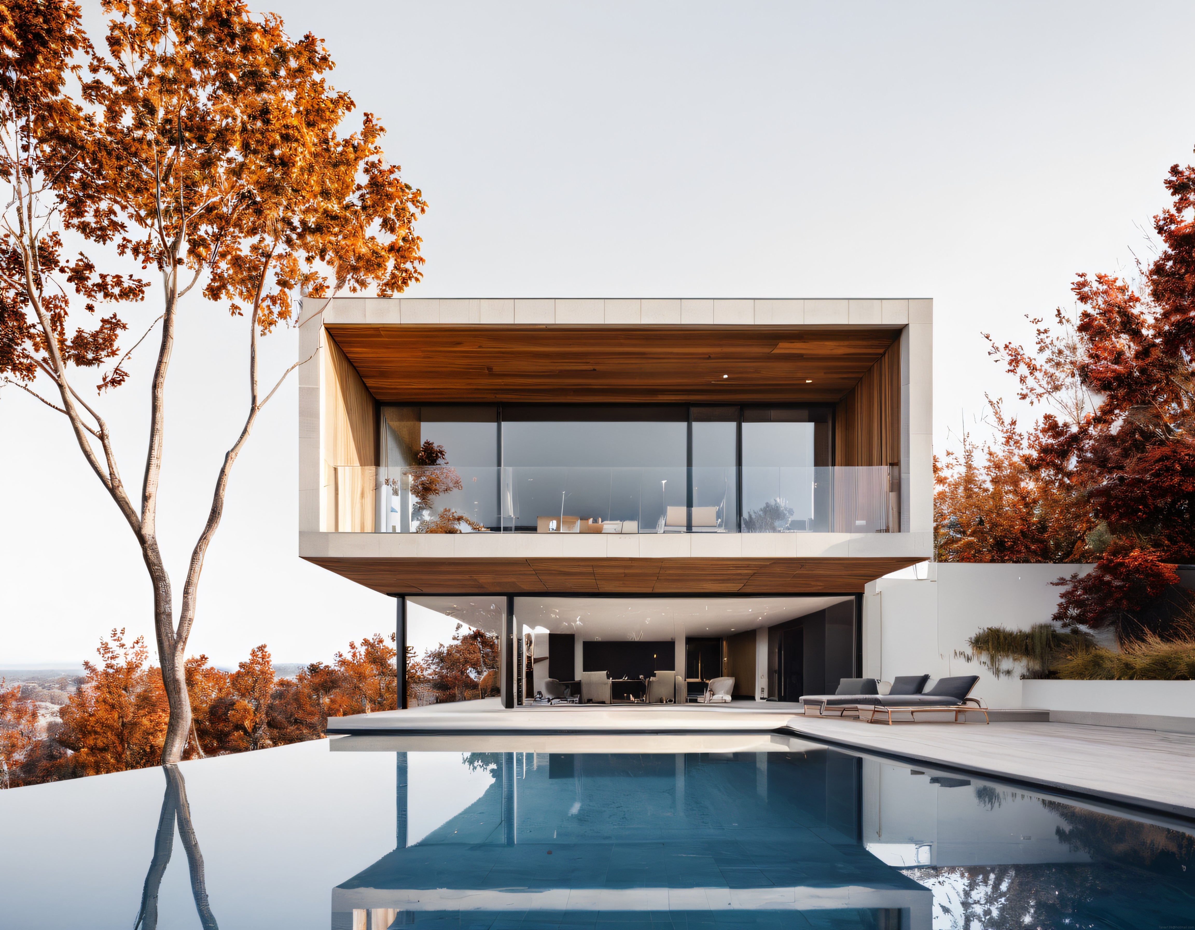 Sonbahar ağaçlarıyla çevrili modern cam villa ve havuz