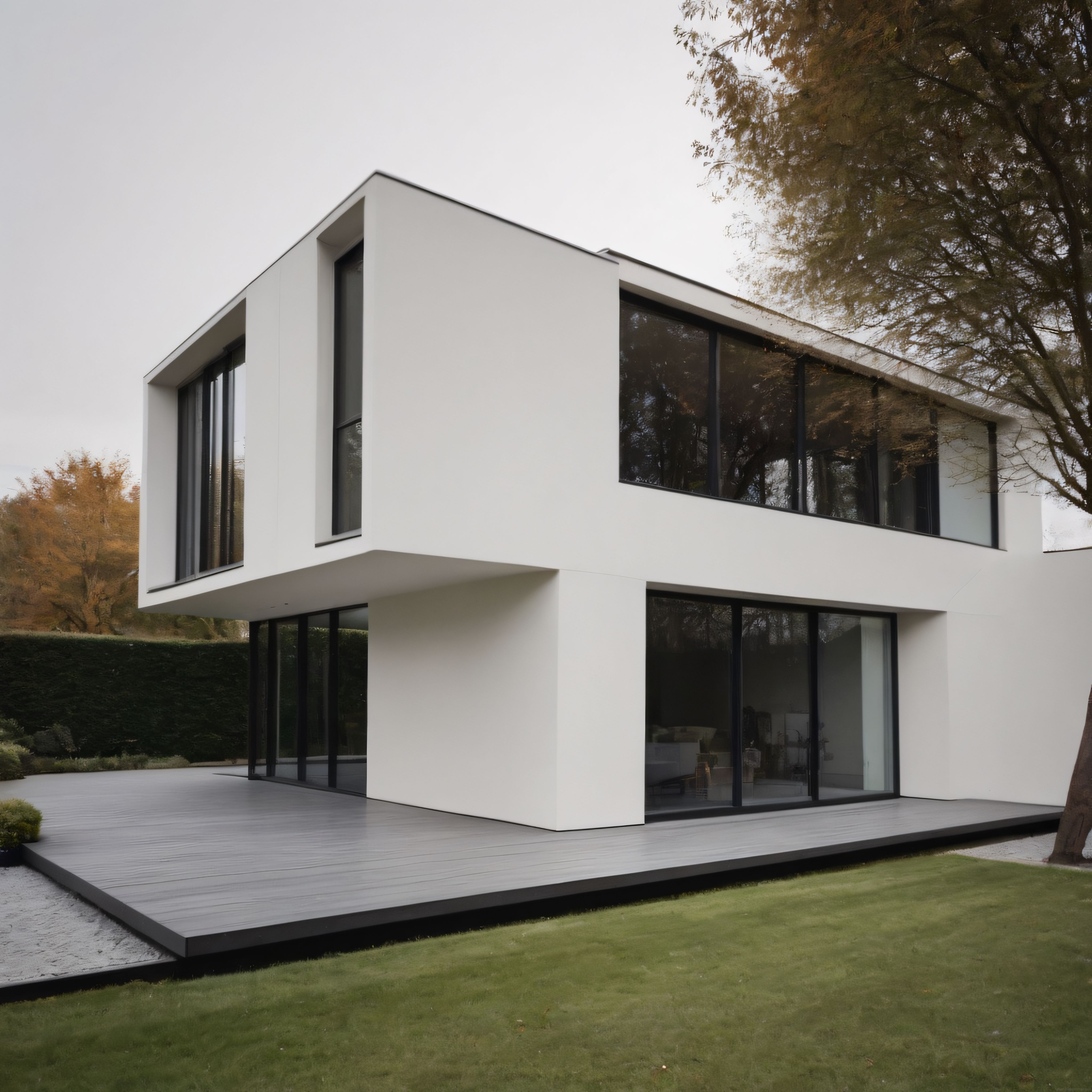 Sonbahar Ağaçlarıyla Çevrili Modern Minimalist Beyaz Villa ve Bahçe