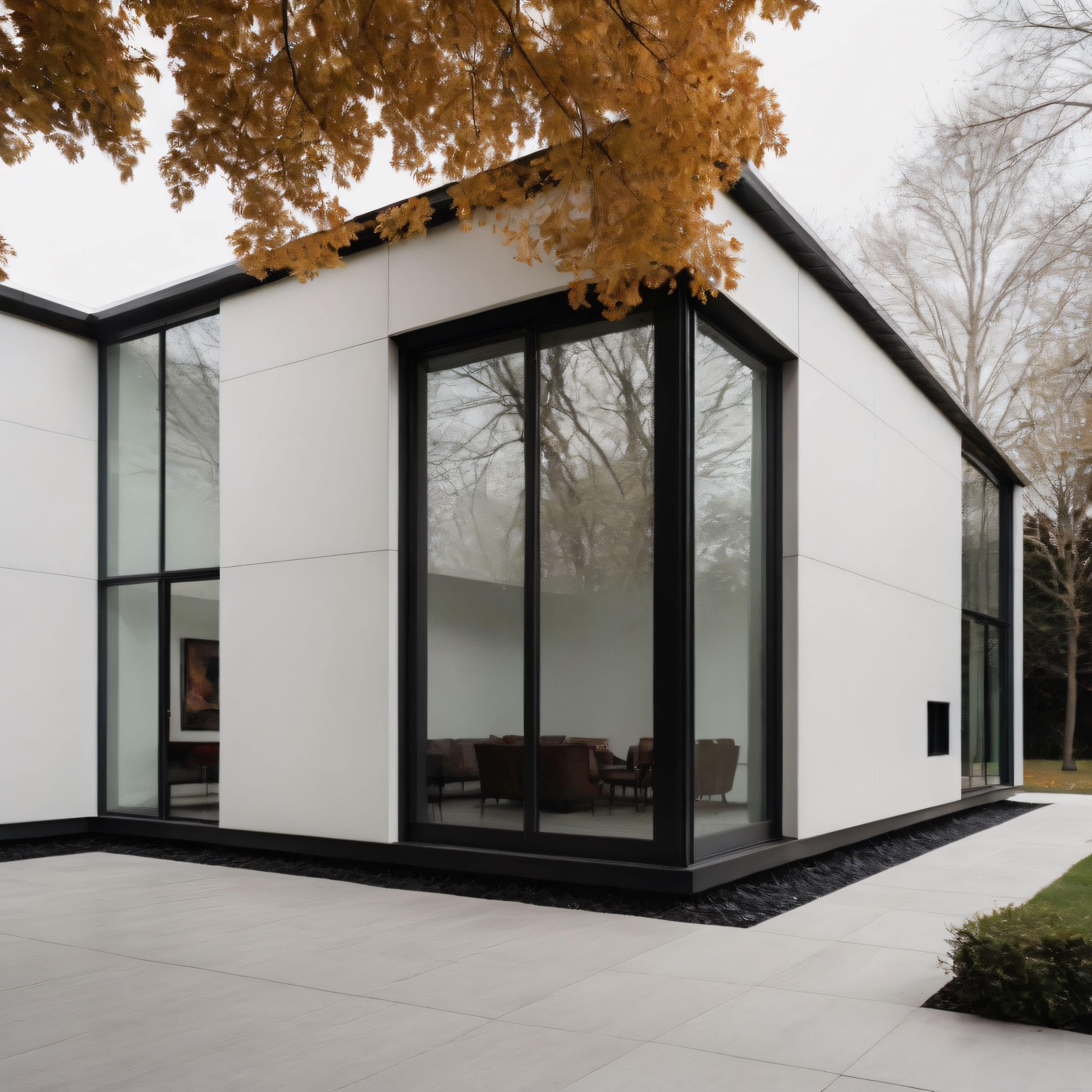 Sonbahar Ağaçlarıyla Çevrili Modern Minimalist Villa ve Geniş Cam Cephe