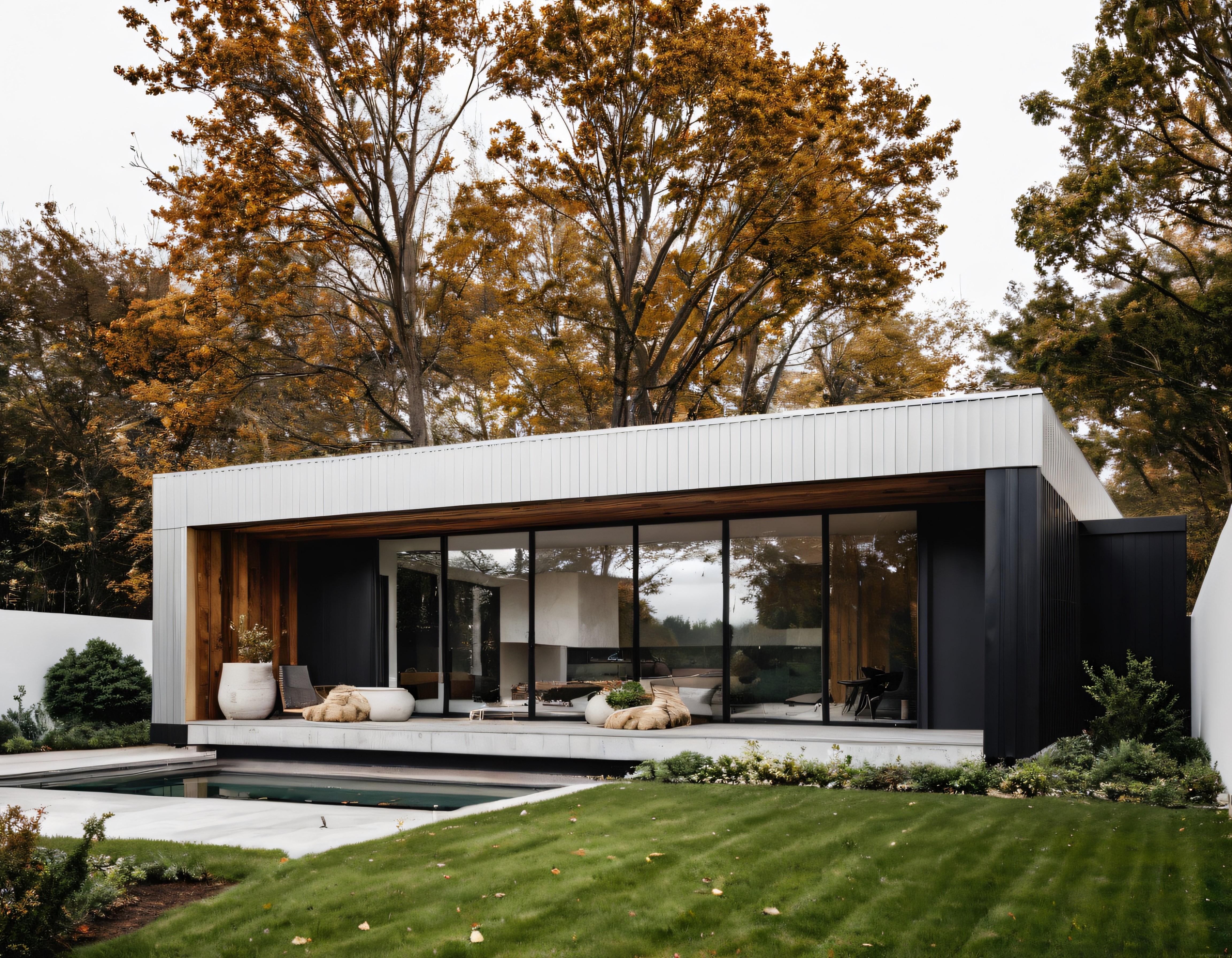 Sonbahar Ağaçlarıyla Çevrili Ormanda Modern Cam Cepheli Minimalist Villa ve Havuz