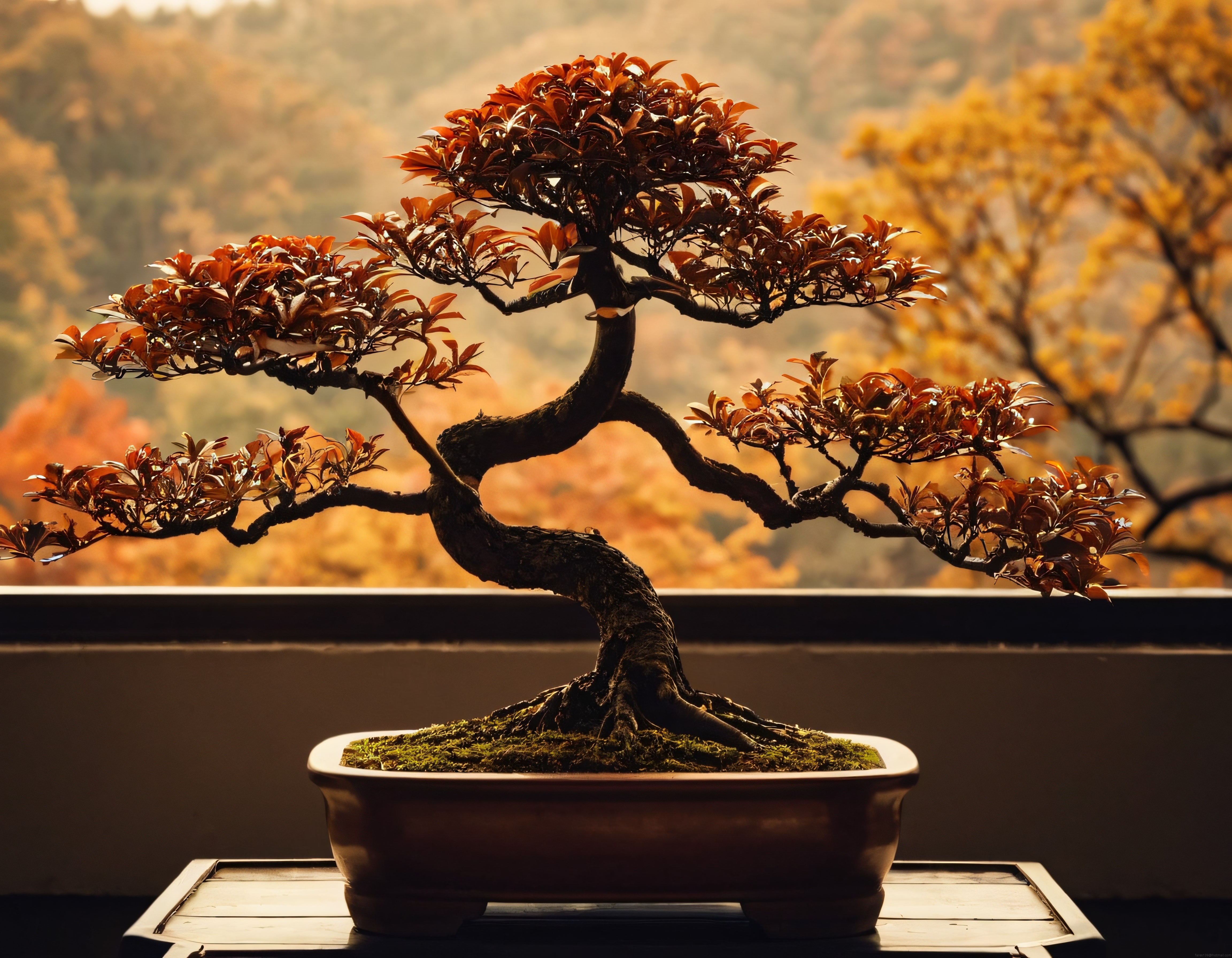Sonbahar Atmosferinde Bonsai Ağacı, Yosunlu Saksı ve Ahşap Stand Detayı