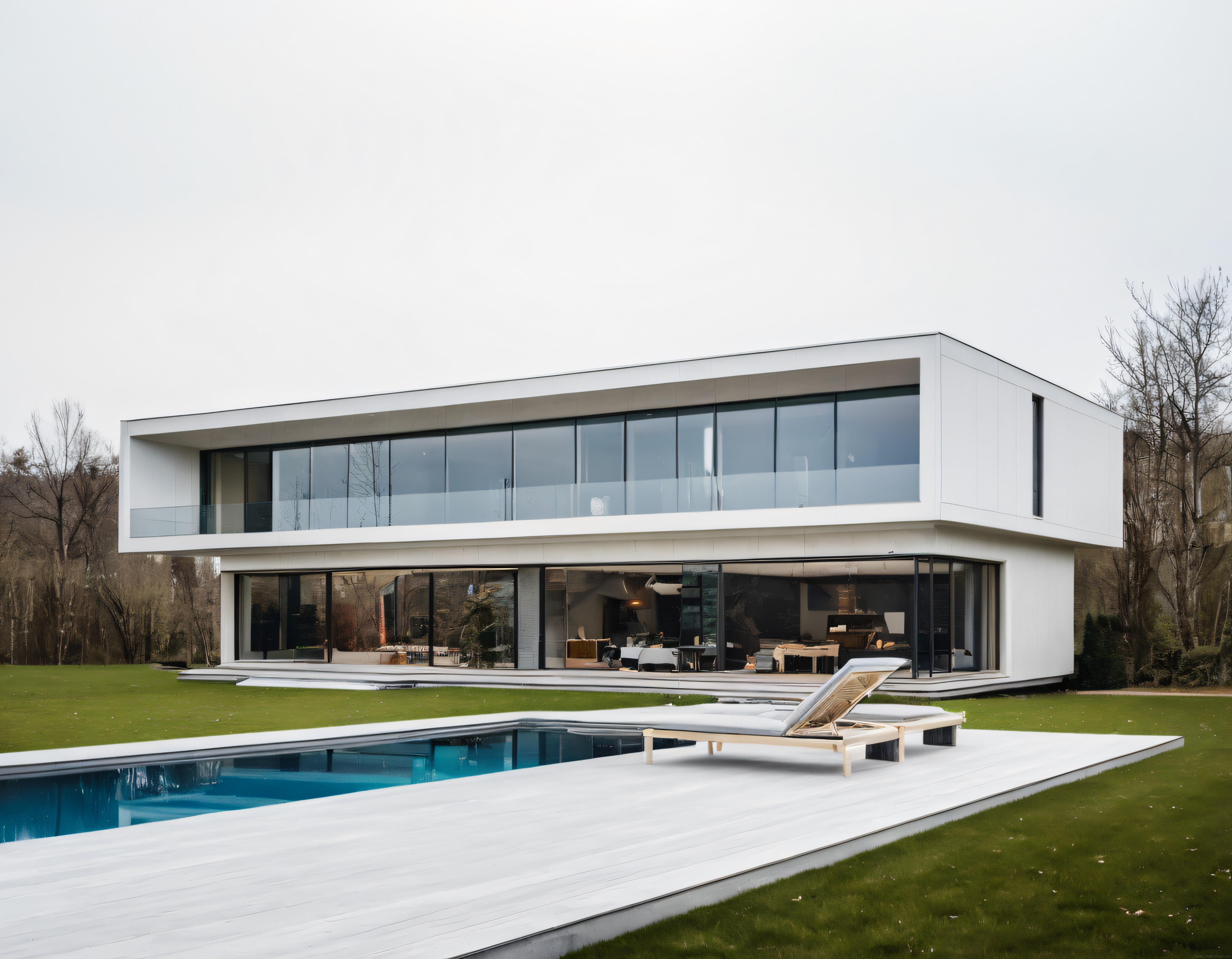 Sonbahar Atmosferinde Cam Cepheli Modern Villa ve Yüzme Havuzu Tasarımı