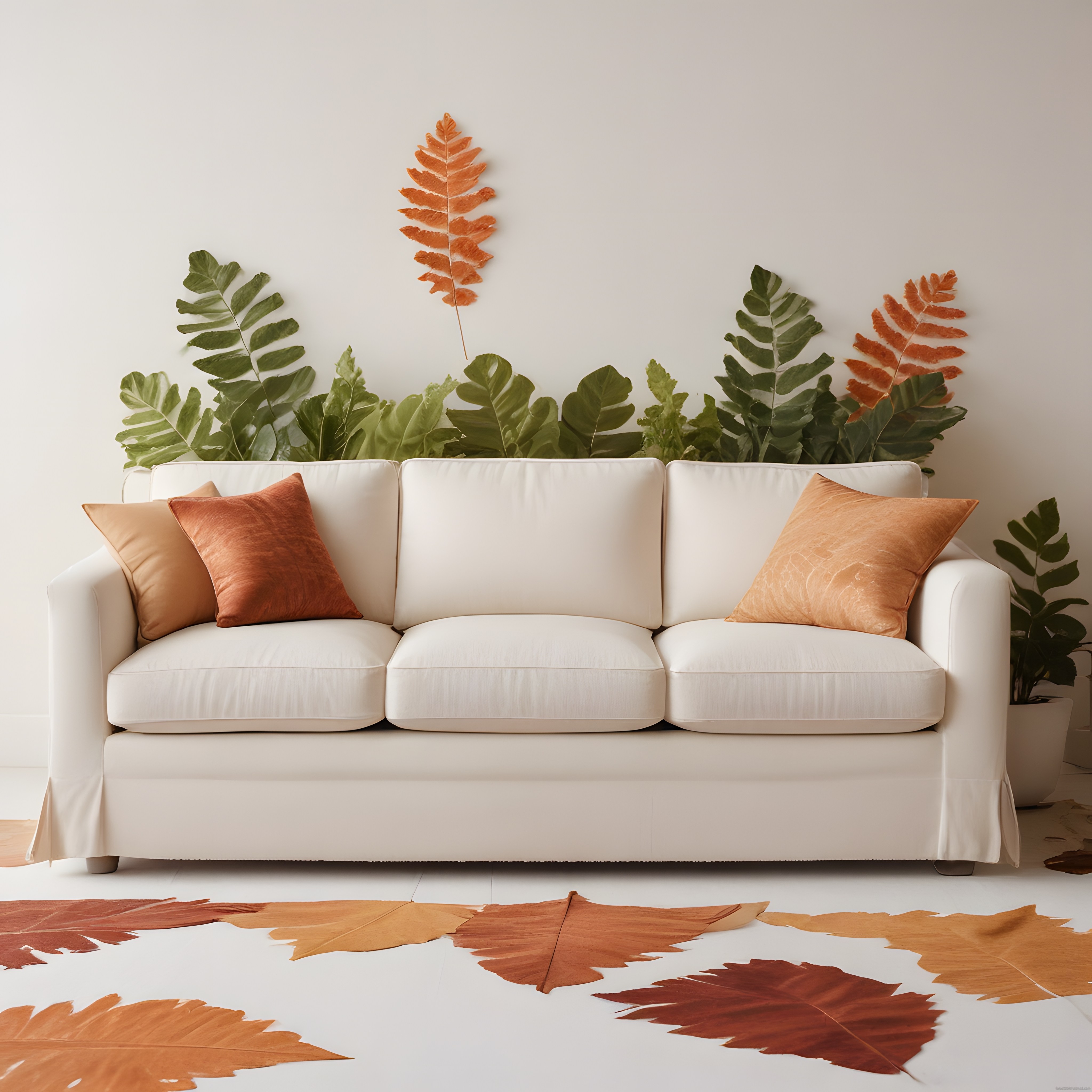 Sonbahar Esintili Minimalist Salon Dekoru, Beyaz Kanepe ve Yaprak Motifleri