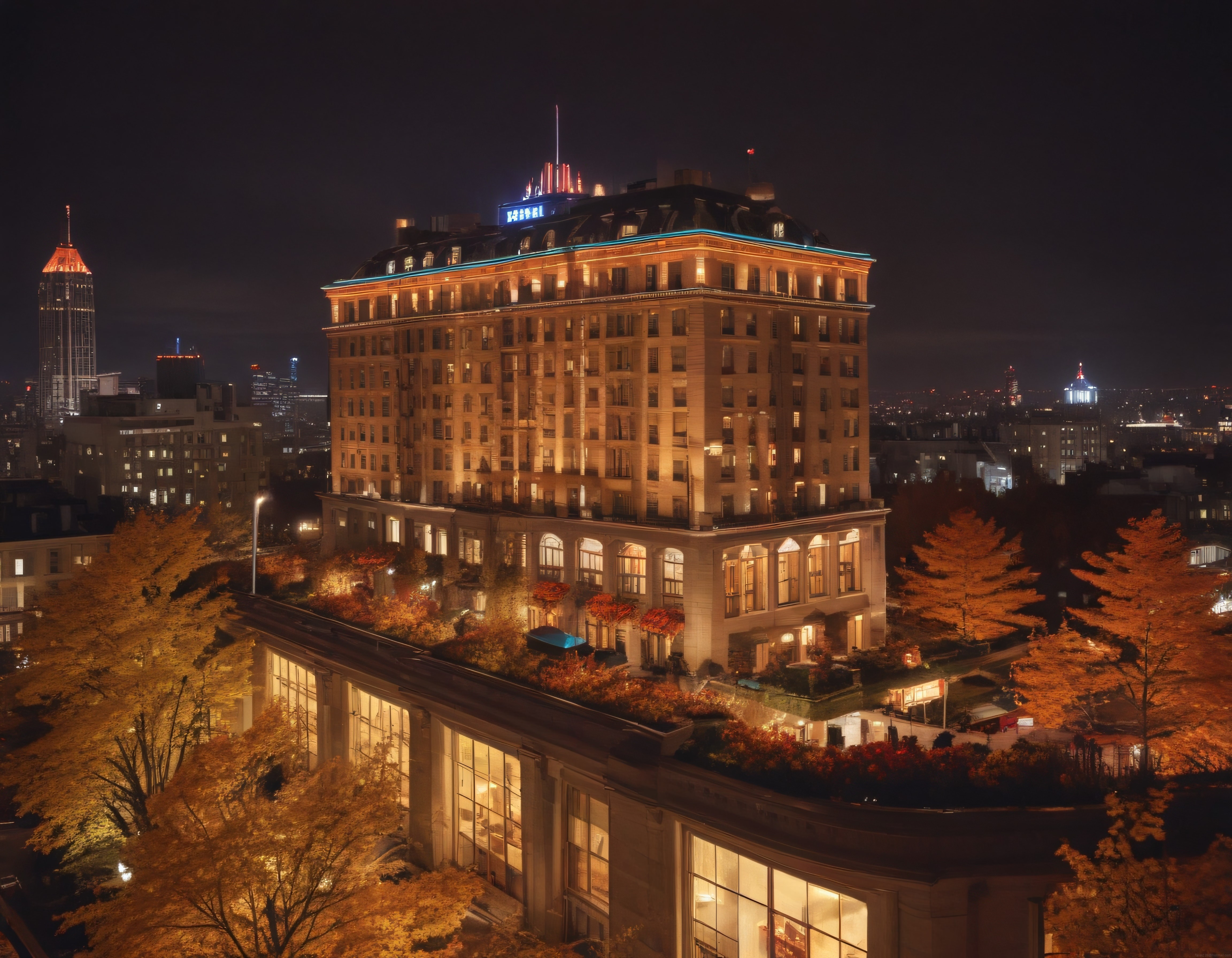 Sonbahar gecesinde ışıldayan lüks otel ve renkli ağaç manzarası