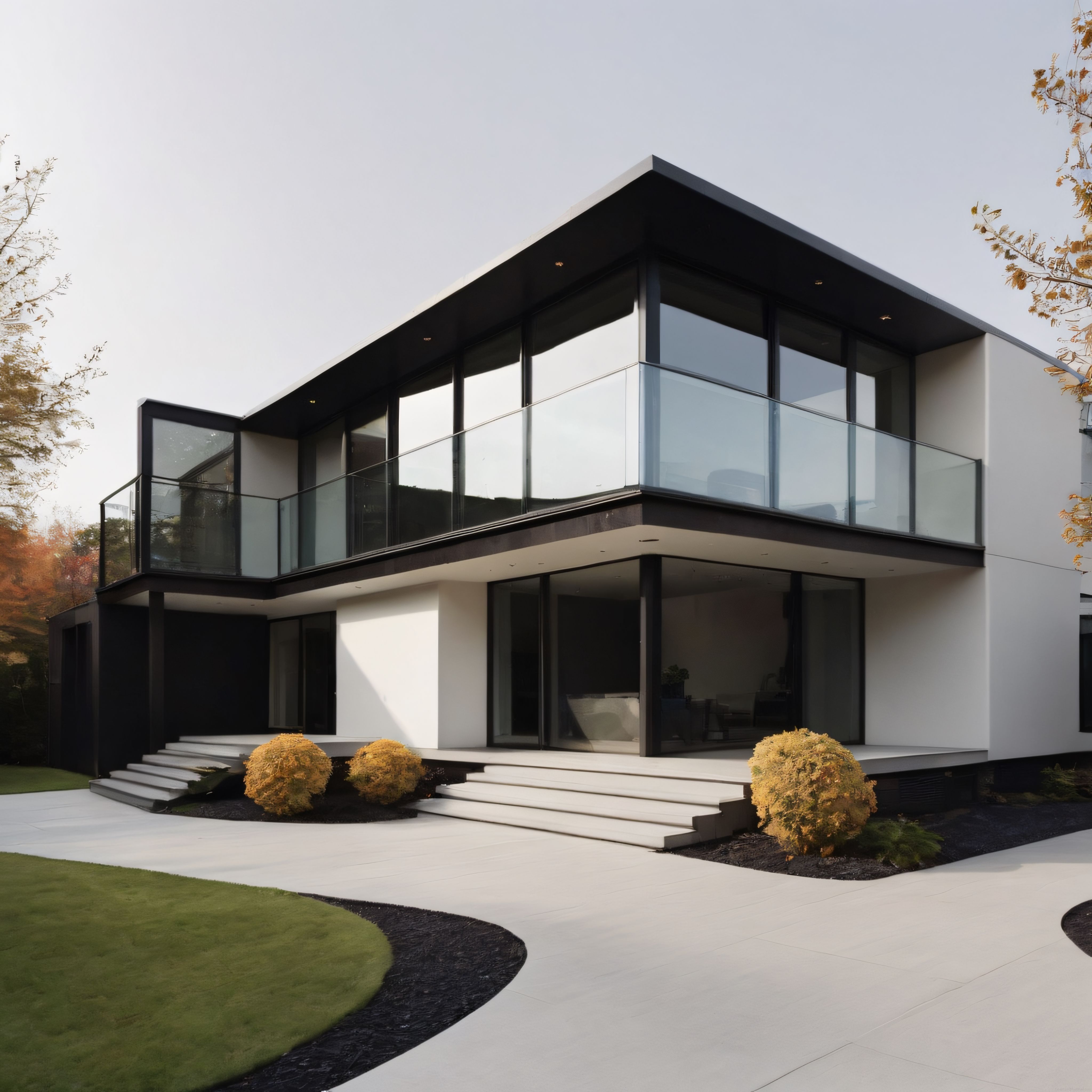 Sonbahar Gün Batımında Modern Minimalist Villa ve Peyzaj Tasarımı