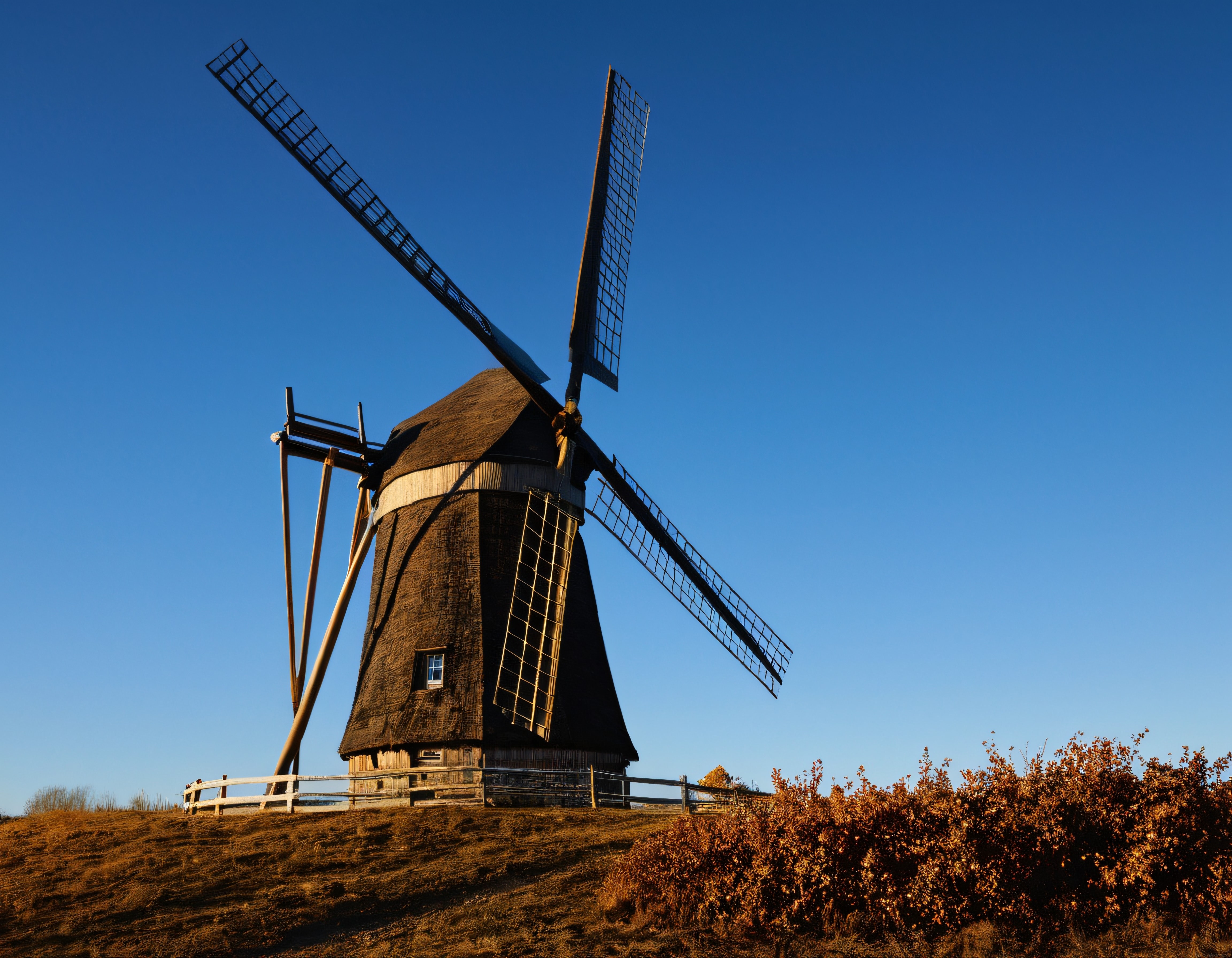 Sonbahar Gün Batımında Tarihi Hollanda Tarzı Yel Değirmeni ve Doğal Peyzaj