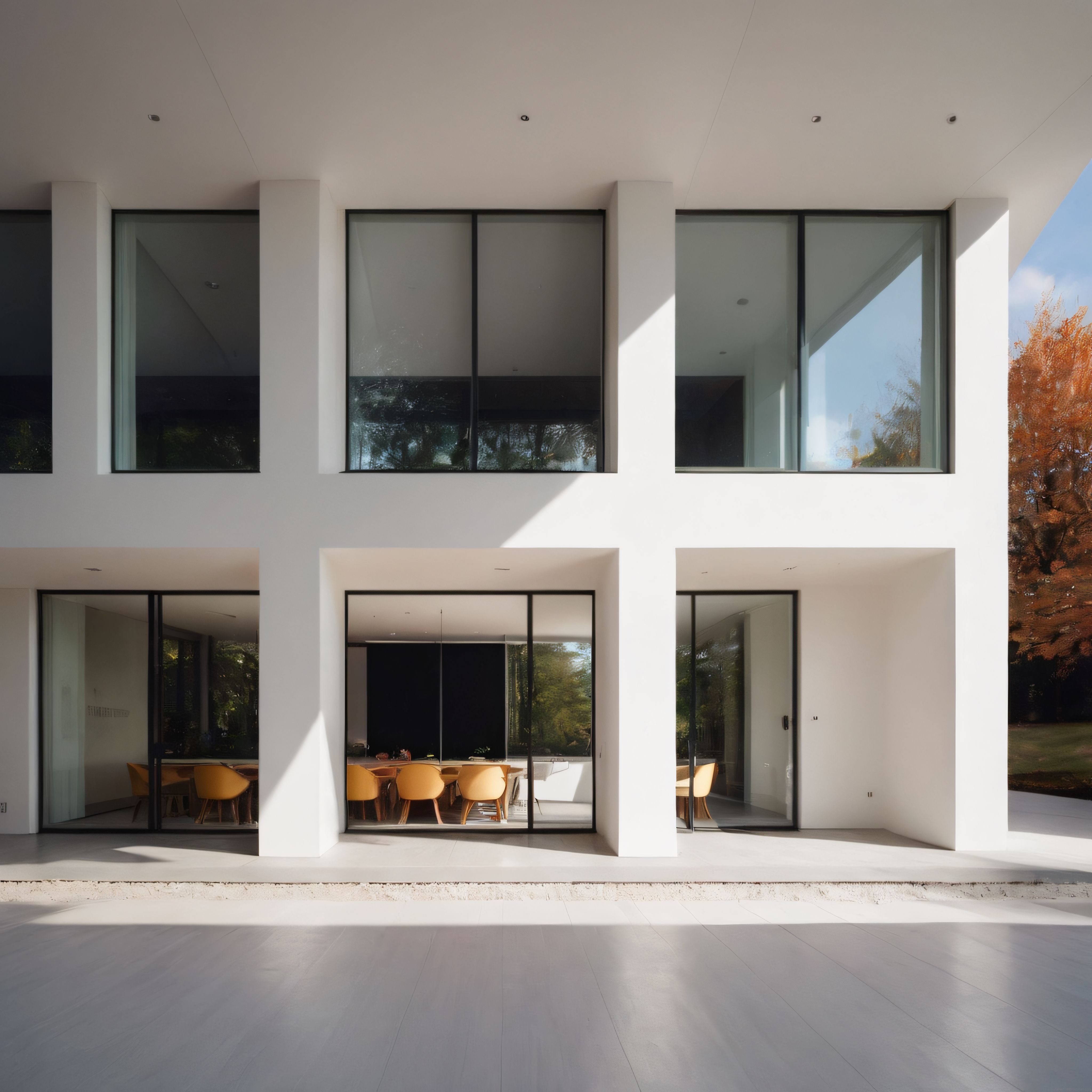 Sonbahar Günışığında Cam Cepheli Beyaz Modern Minimalist Villa Tasarımı