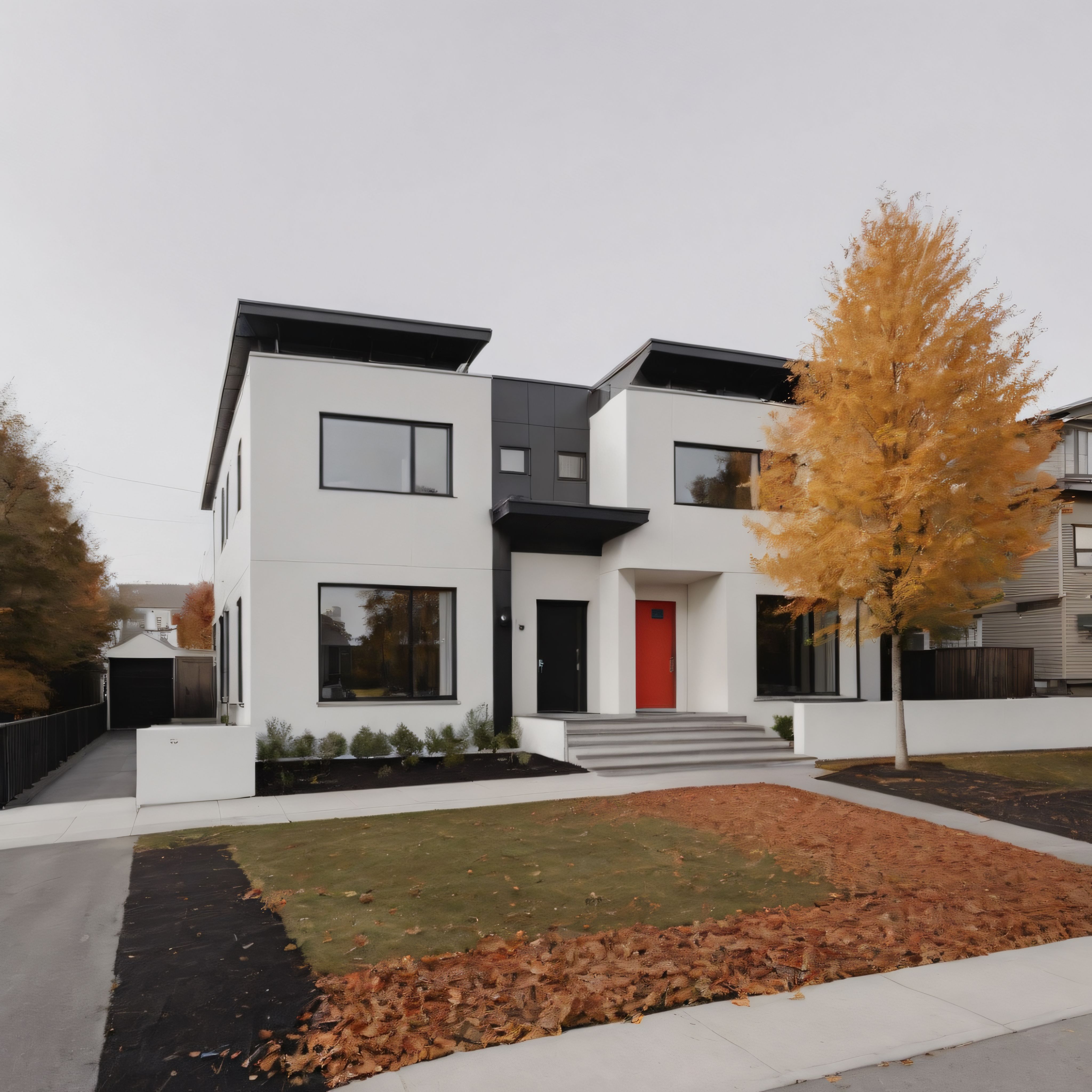 Sonbahar Gününde Çarpıcı Kırmızı Kapılı Modern Beyaz Villa Cephesi