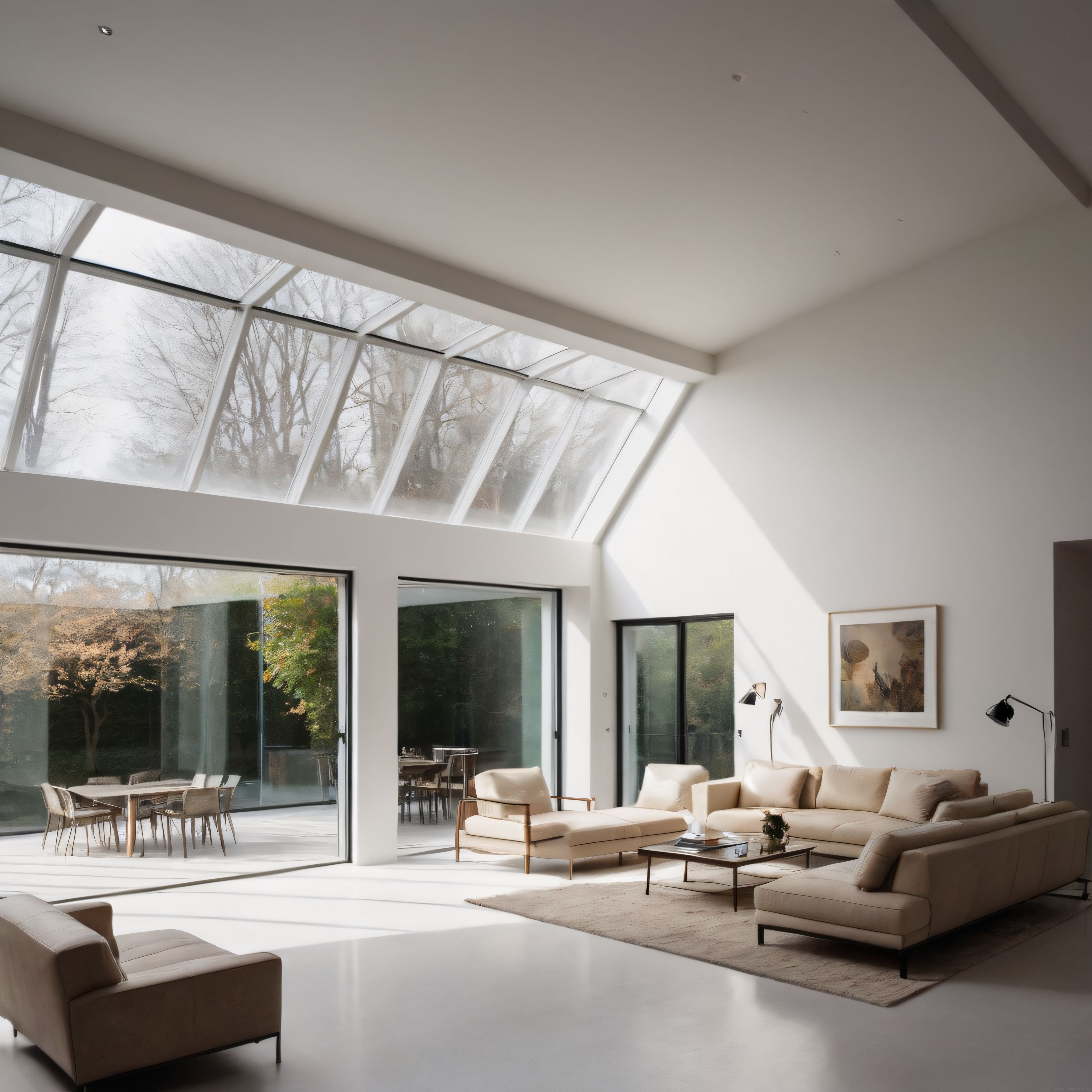 Sonbahar Işığında Cam Çatılı Lüks Villa Salonu ve Minimalist Dekorasyon