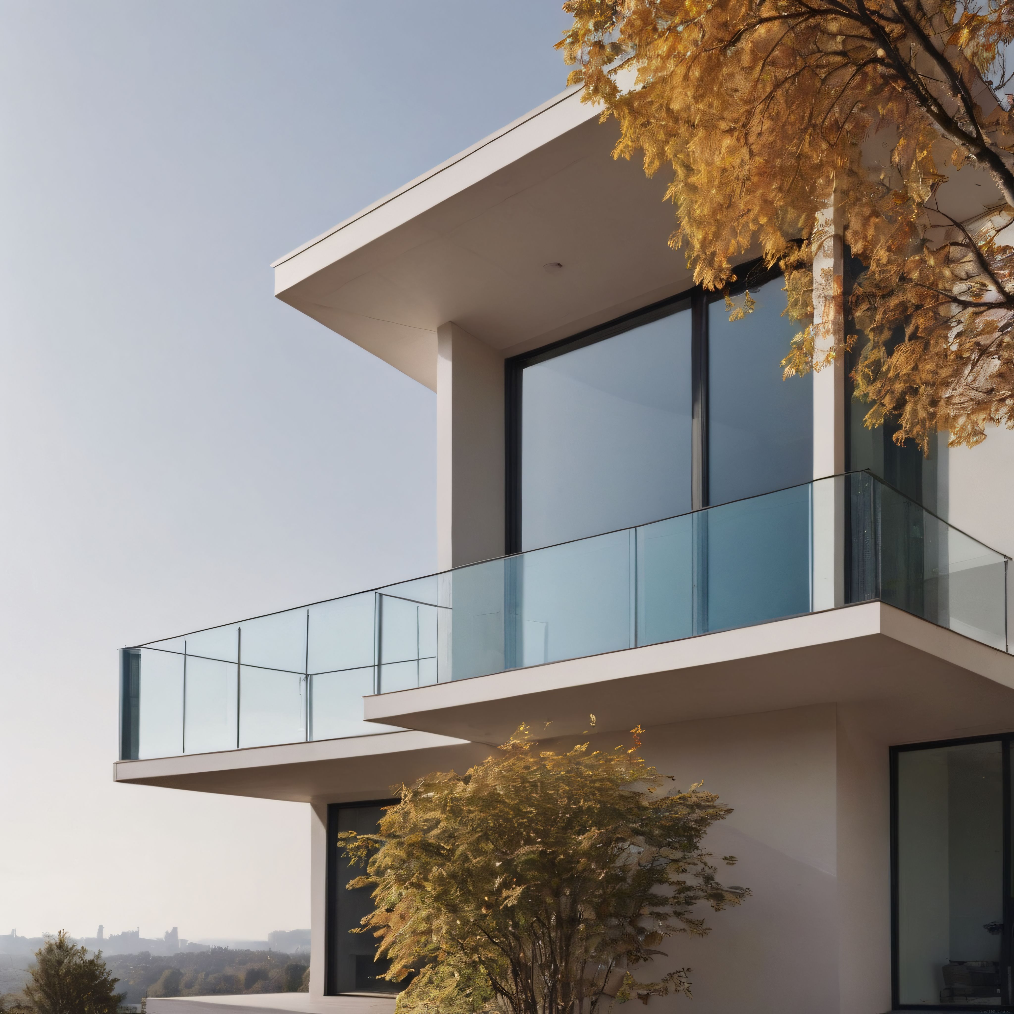 Sonbahar ışığında modern mimari: cam korkuluklu lüks villa cephesi