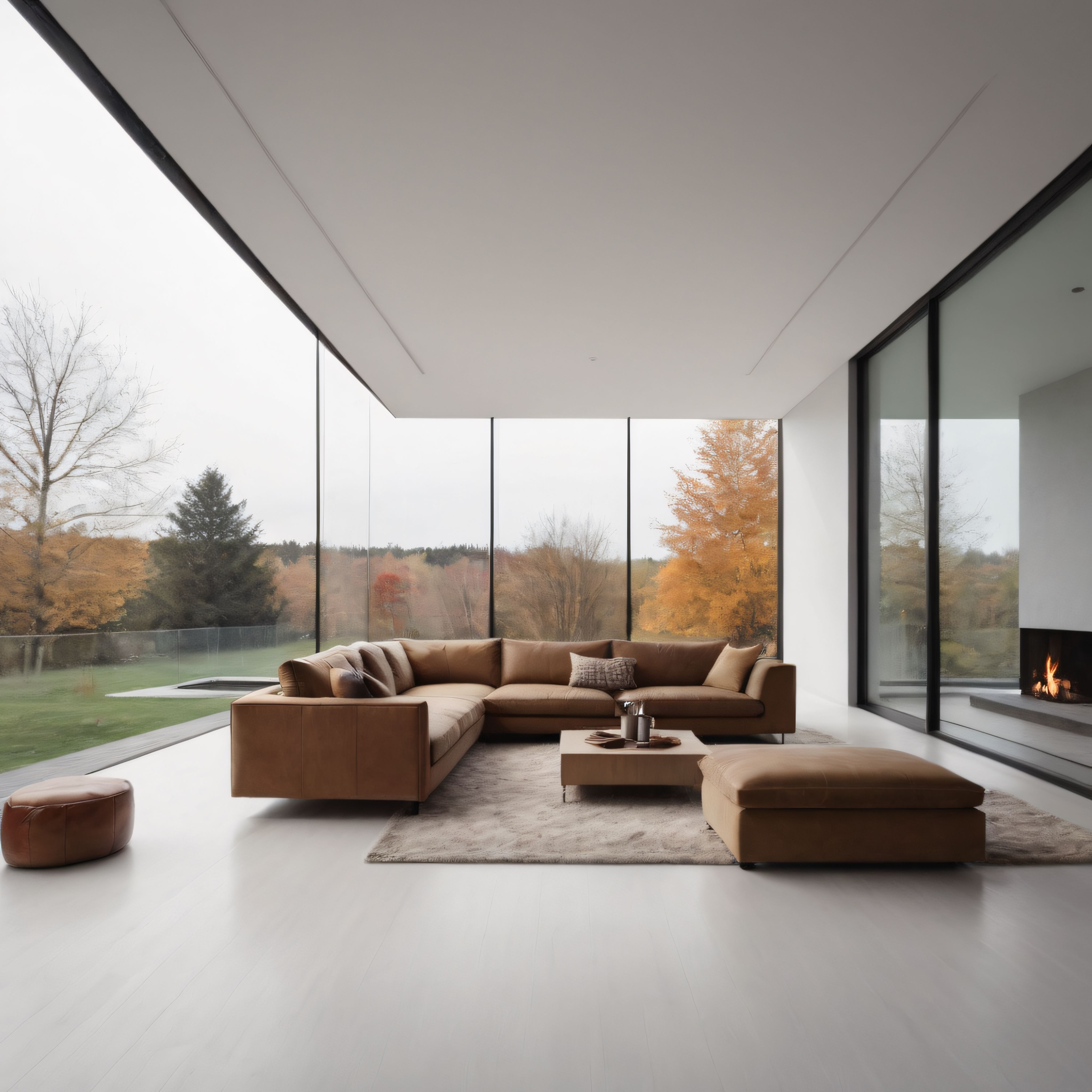 Sonbahar Manzaralı Cam Duvarlı Modern Minimalist Lüks Salon Tasarımı