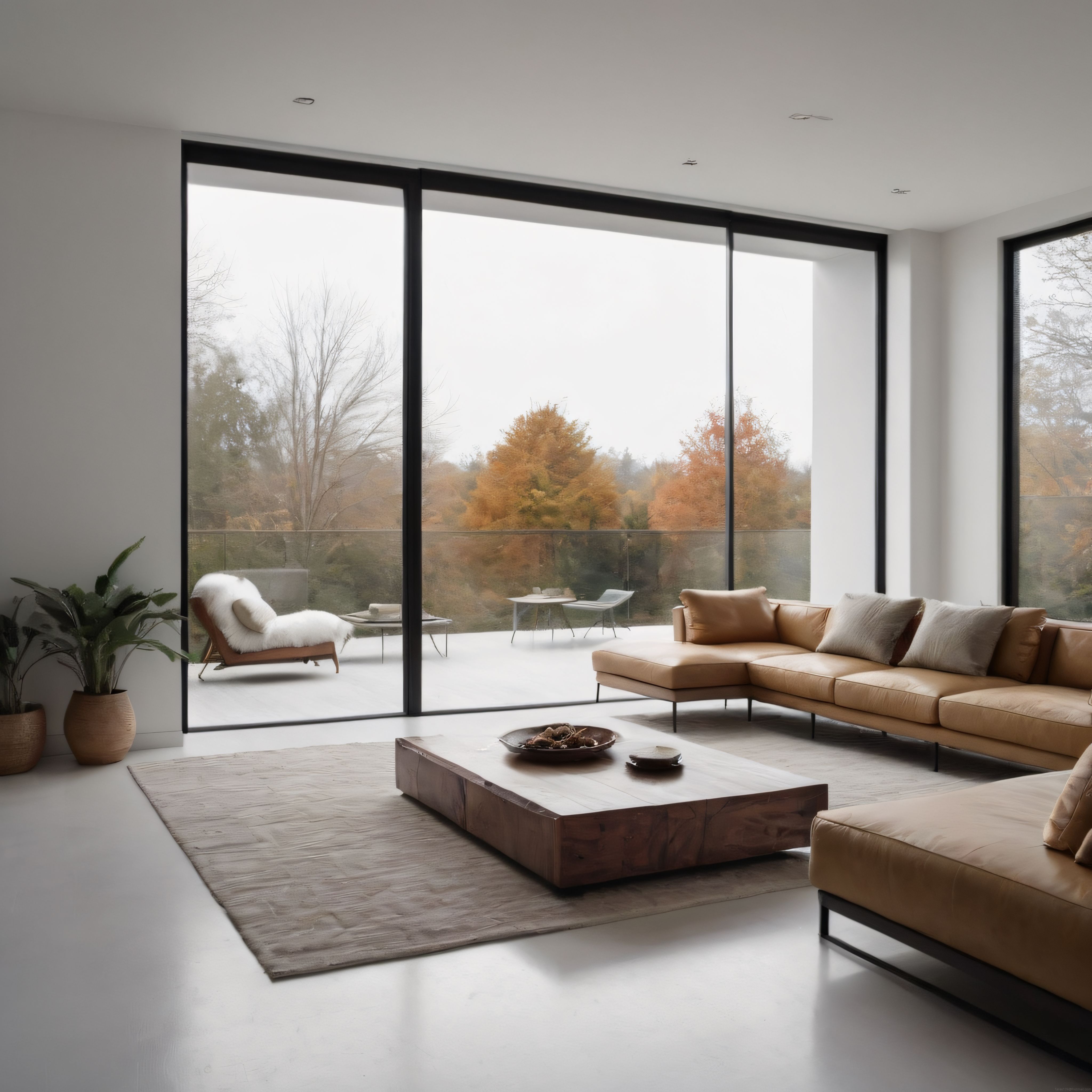 Sonbahar Manzaralı Cam Duvarlı Modern Minimalist Salon Dekorasyonu