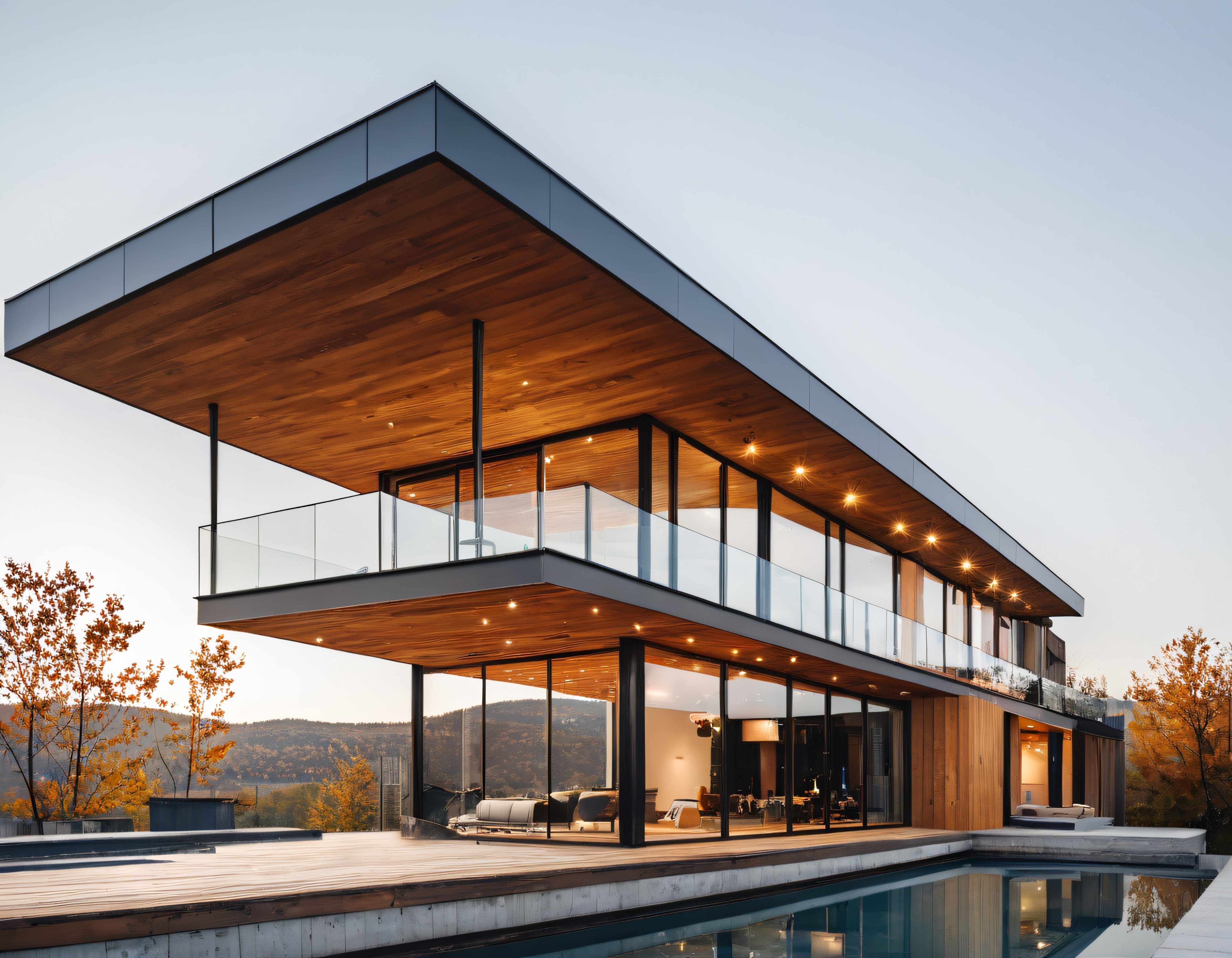Sonbahar Manzaralı Gün Batımında Modern Cam ve Ahşap Villa Mimari Tasarımı