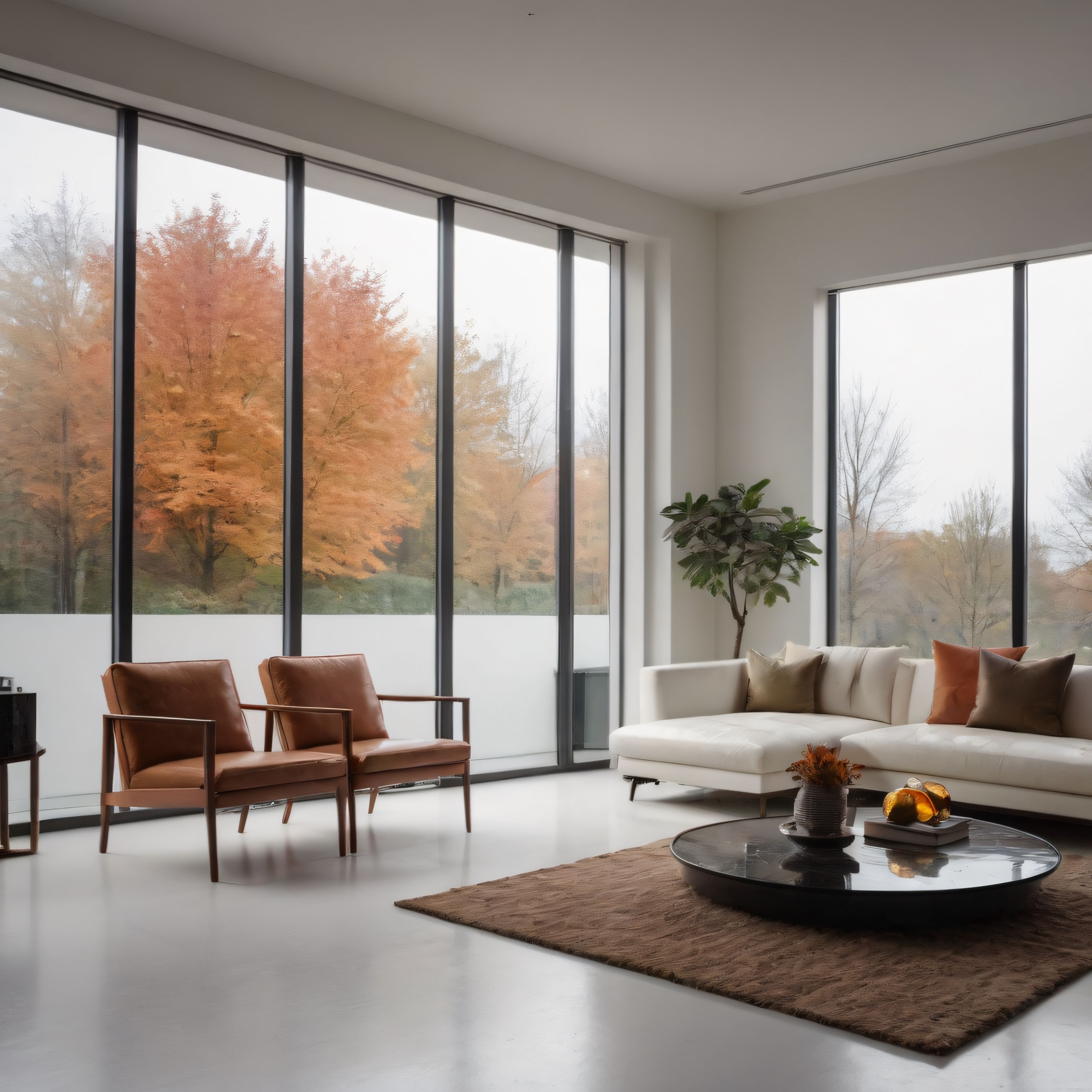 Sonbahar Manzaralı Modern Salon: Minimalist Tasarım ve Sıcak Renk Paleti