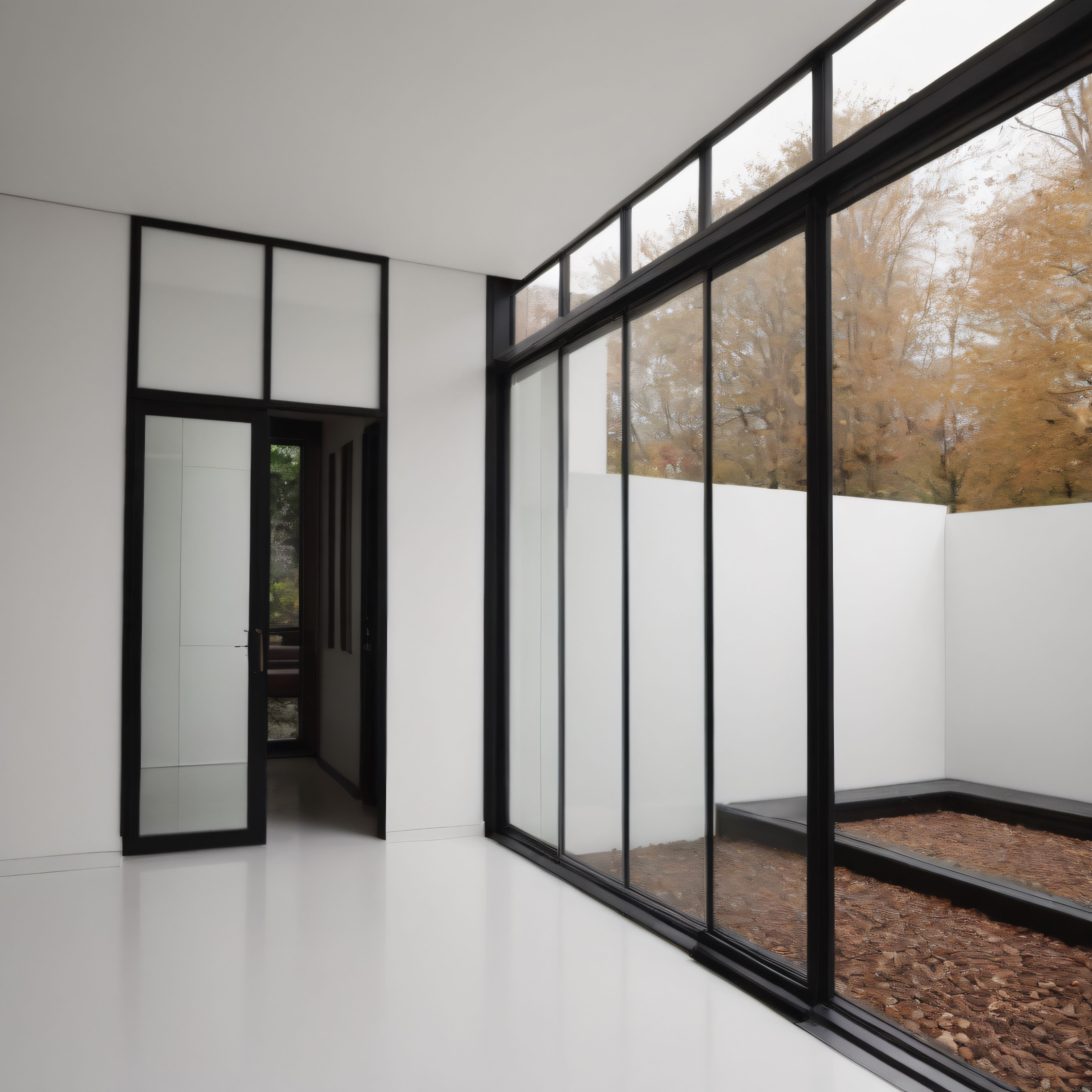 Sonbahar manzaralı siyah çerçeveli cam duvarlı modern minimalist iç mekan