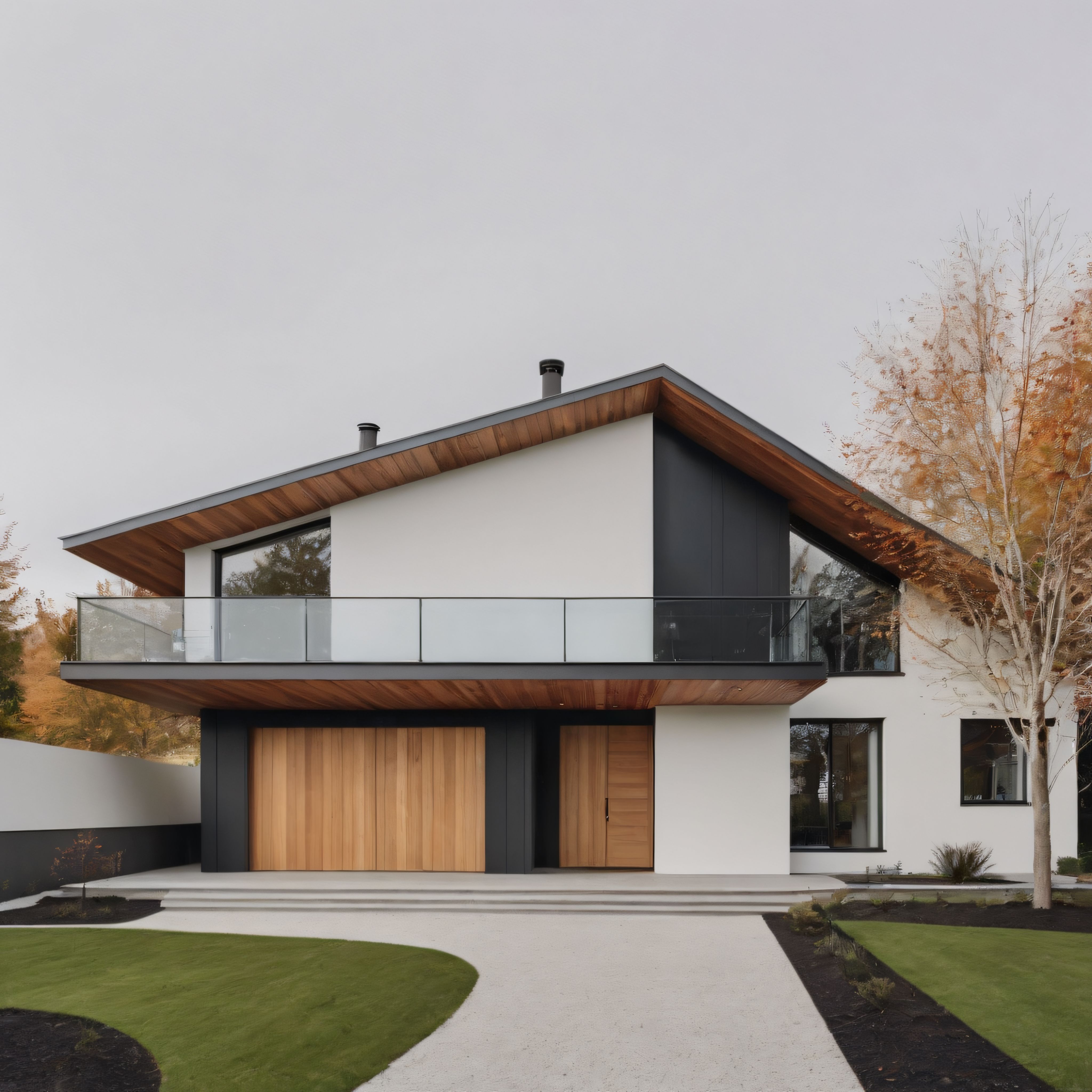 Sonbahar Ormanı İçinde Ahşap Detaylı Beyaz Çatı Katlı Modern Villa Tasarımı