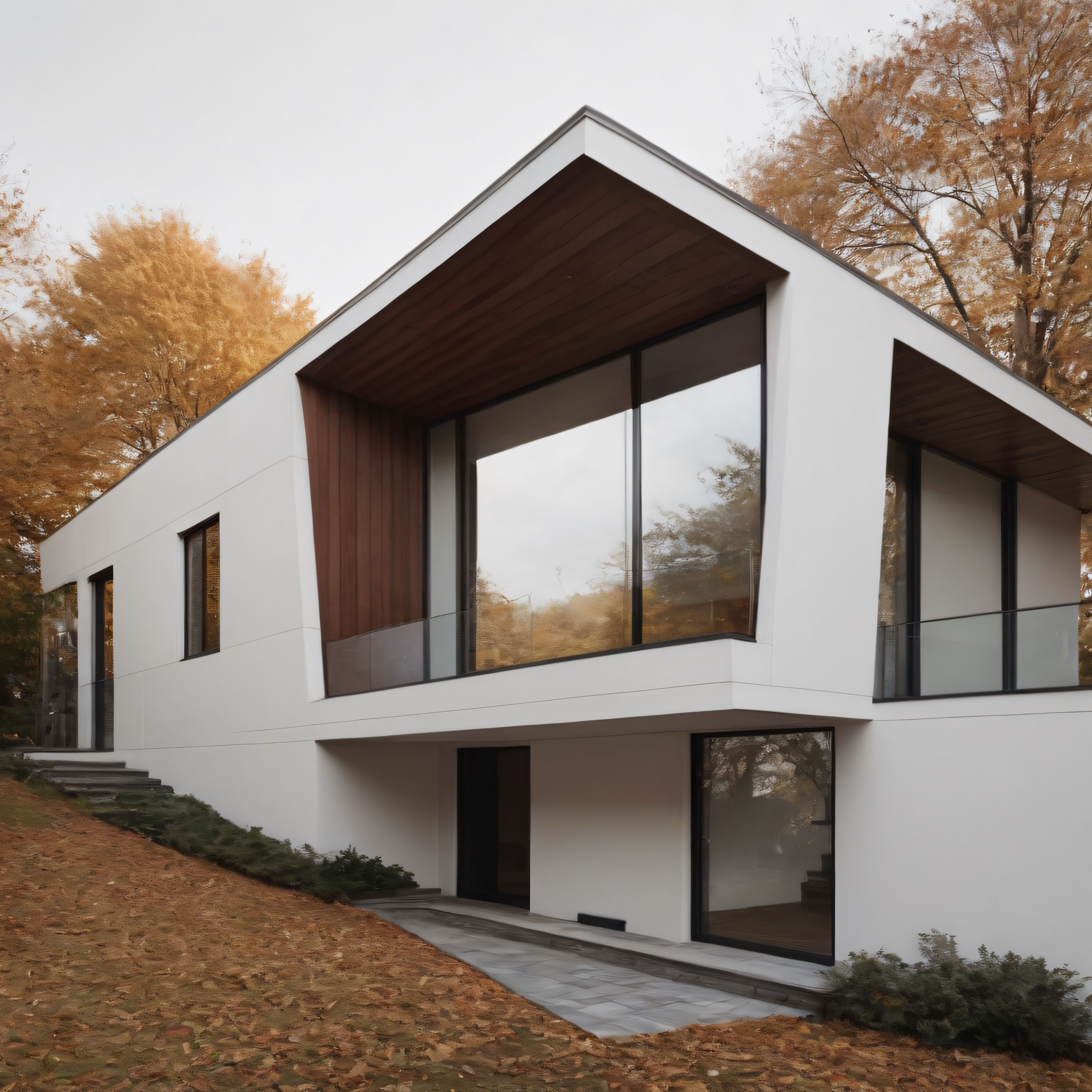 Sonbahar Ormanı İçinde Cam Cepheli Modern Minimalist Villa Tasarımı