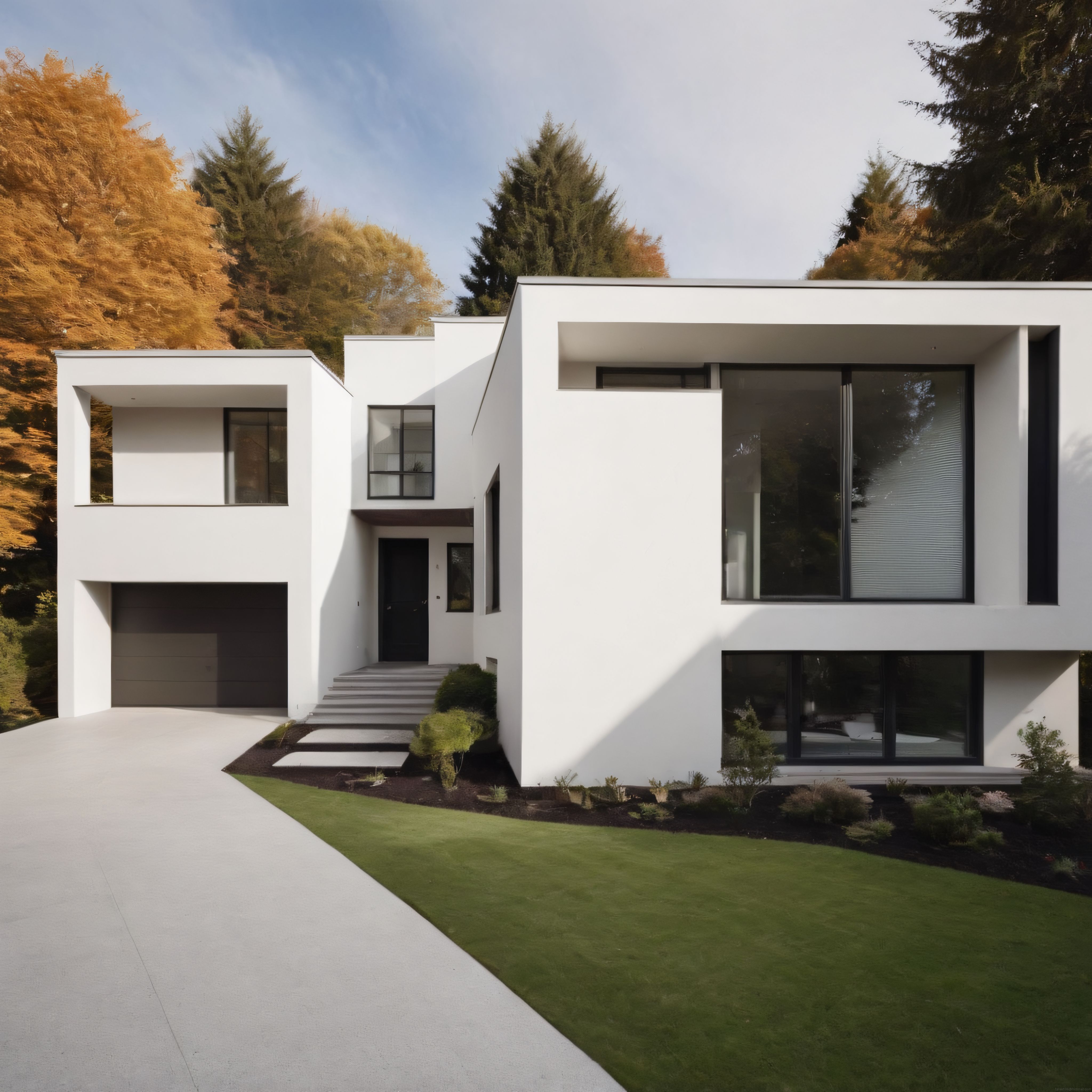 Sonbahar Ormanı İçinde Konumlanmış Minimalist Beyaz Modern Villa ve Bahçe