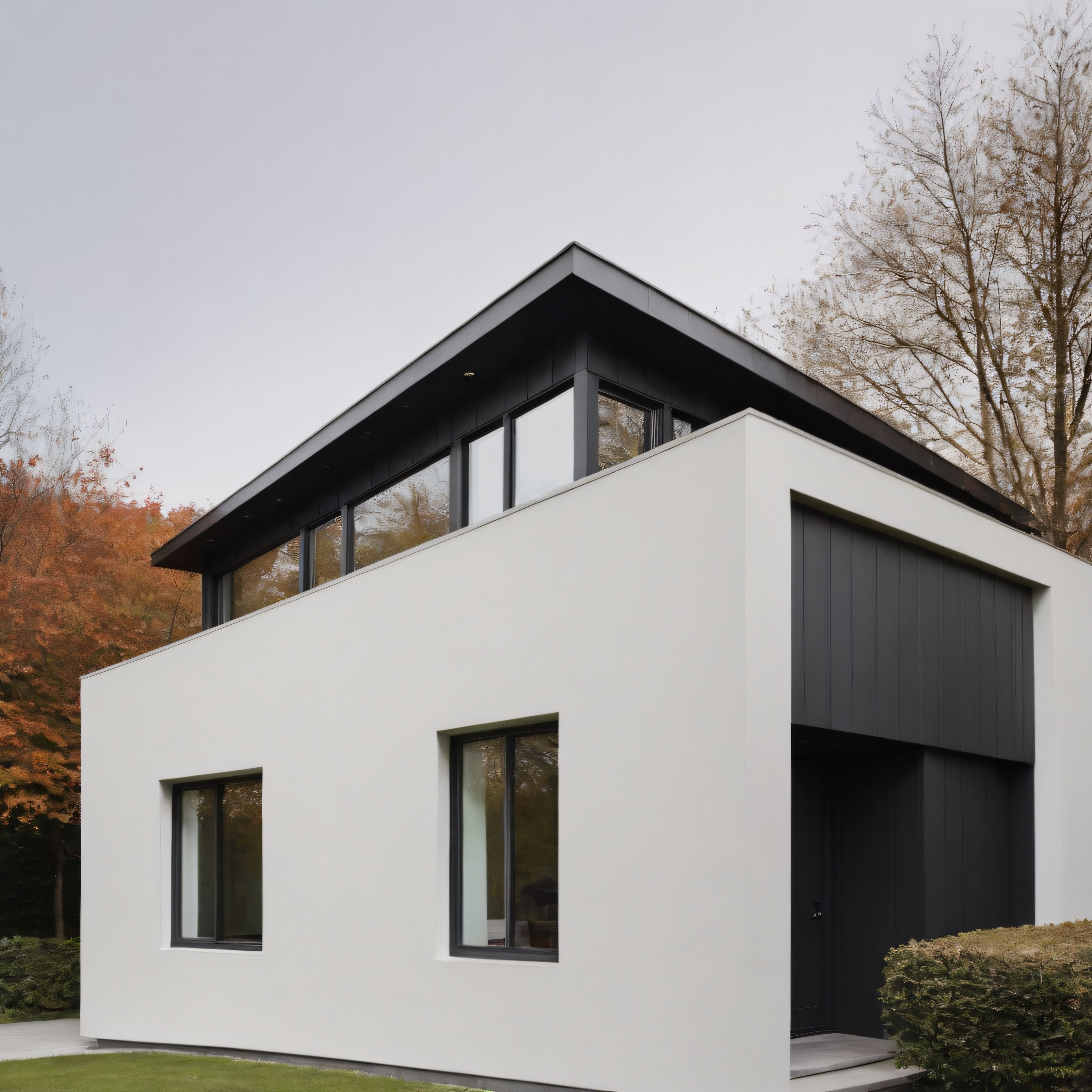 Sonbahar Ormanı İçinde Siyah Beyaz Kontrastlı Modern Minimalist Konut
