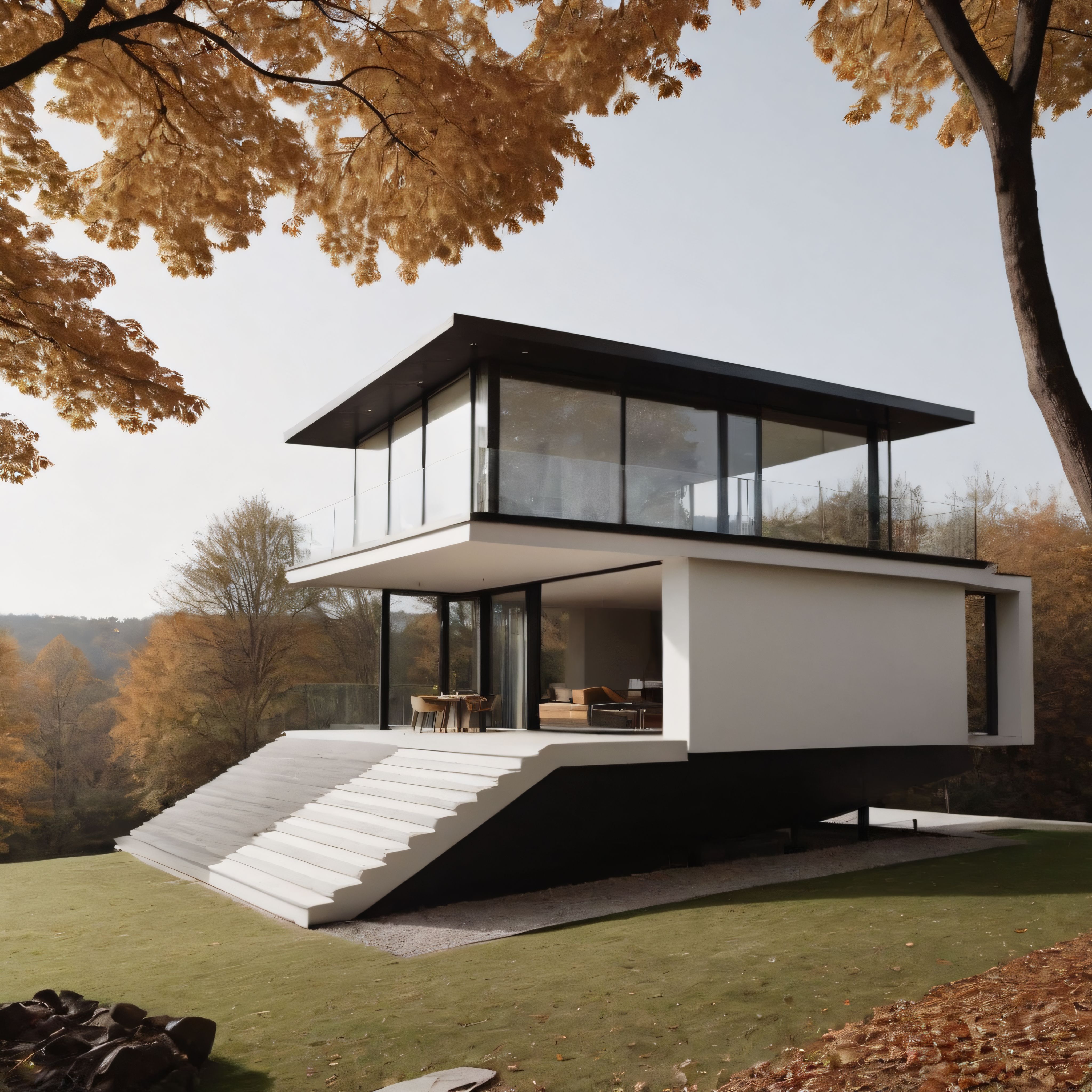 Sonbahar Ormanı İçinde Siyah Beyaz Modern Mimari Villa ve Geniş Cam Cepheler