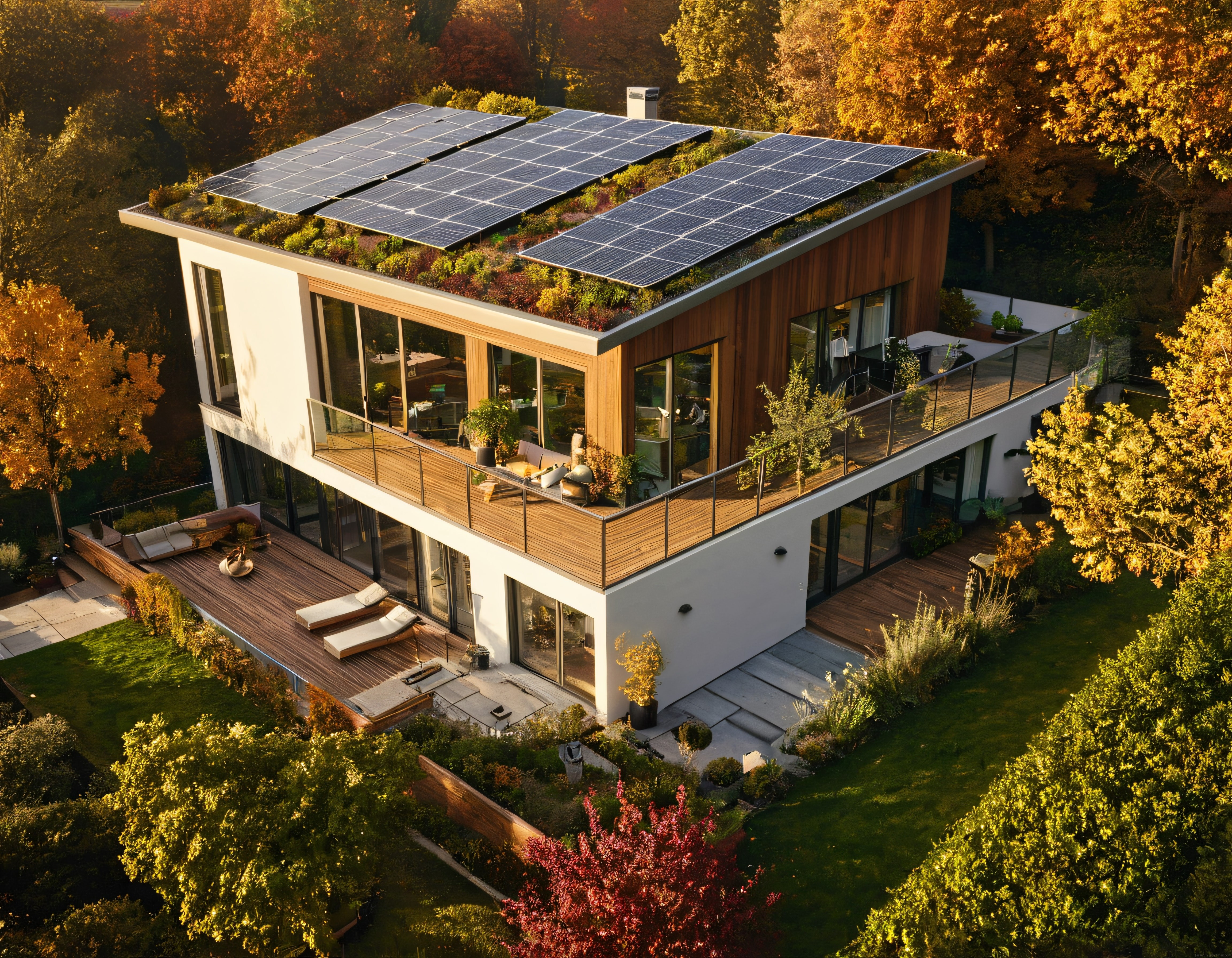 Sonbahar Ormanı İçindeki Güneş Panelli Çevre Dostu Modern Lüks Villa