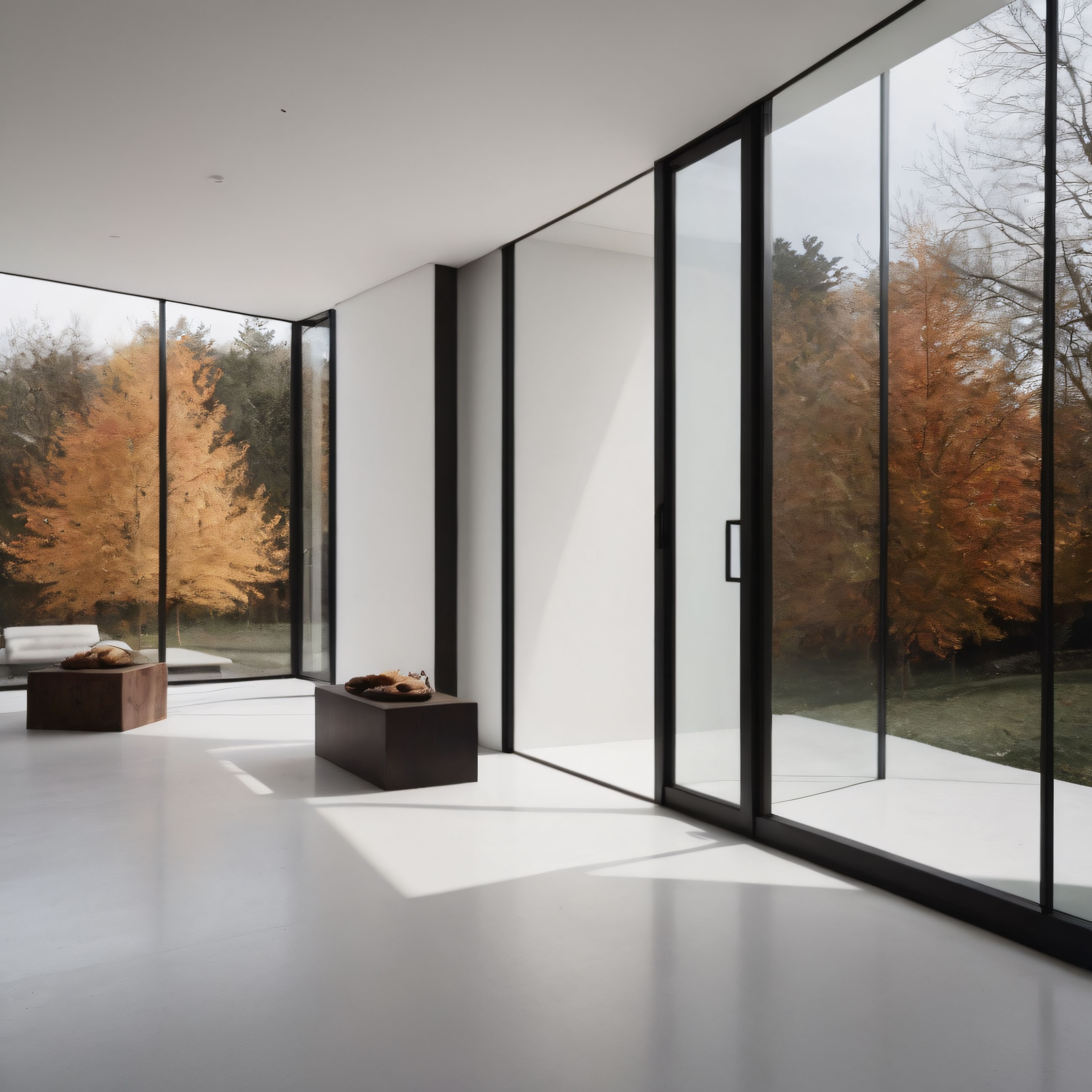 Sonbahar Ormanı Manzaralı Lüks ve Minimalist Cam Villa İç Mekan Tasarımı