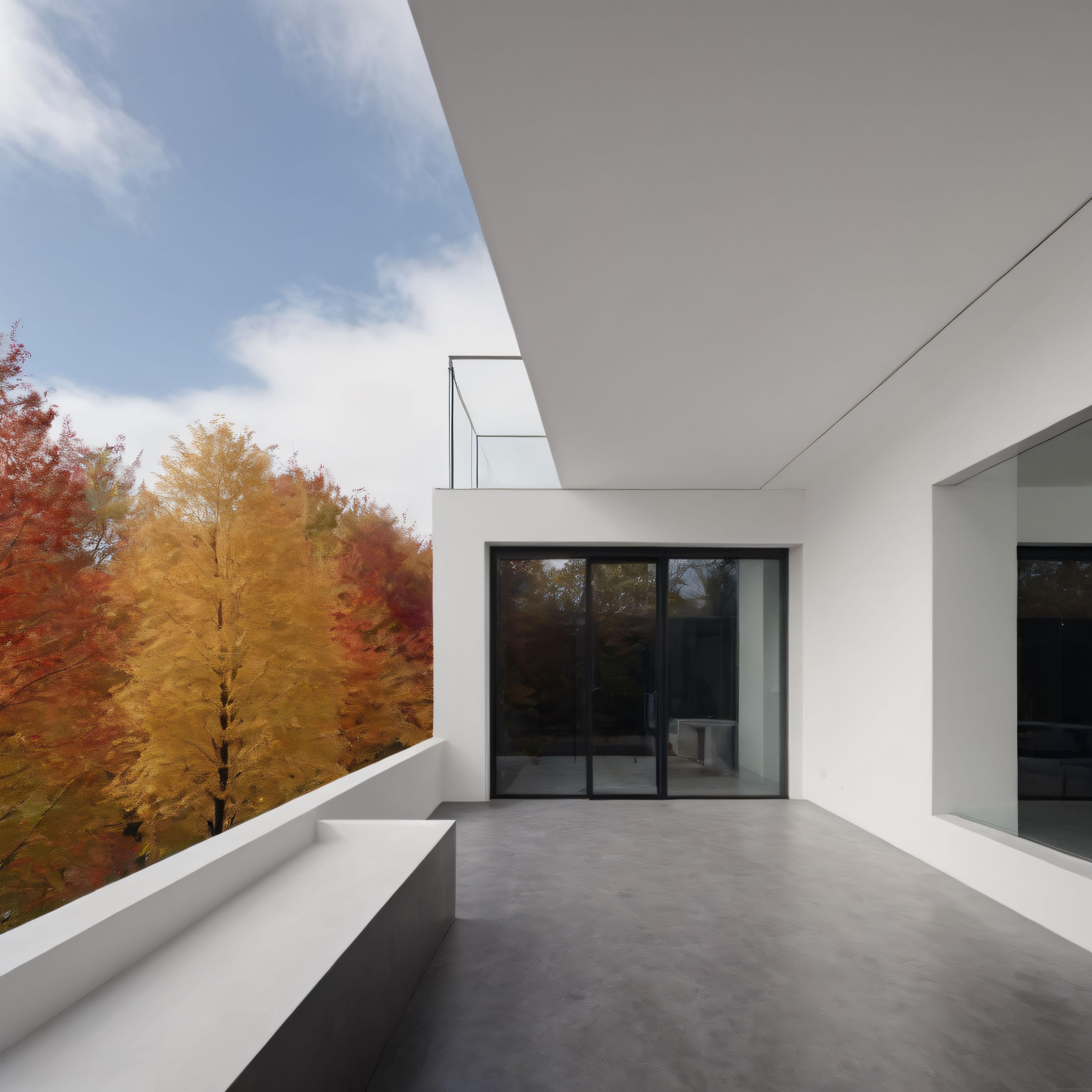 Sonbahar Ormanına Açılan Minimalist Villa Terası ve Çağdaş Beyaz Mimari