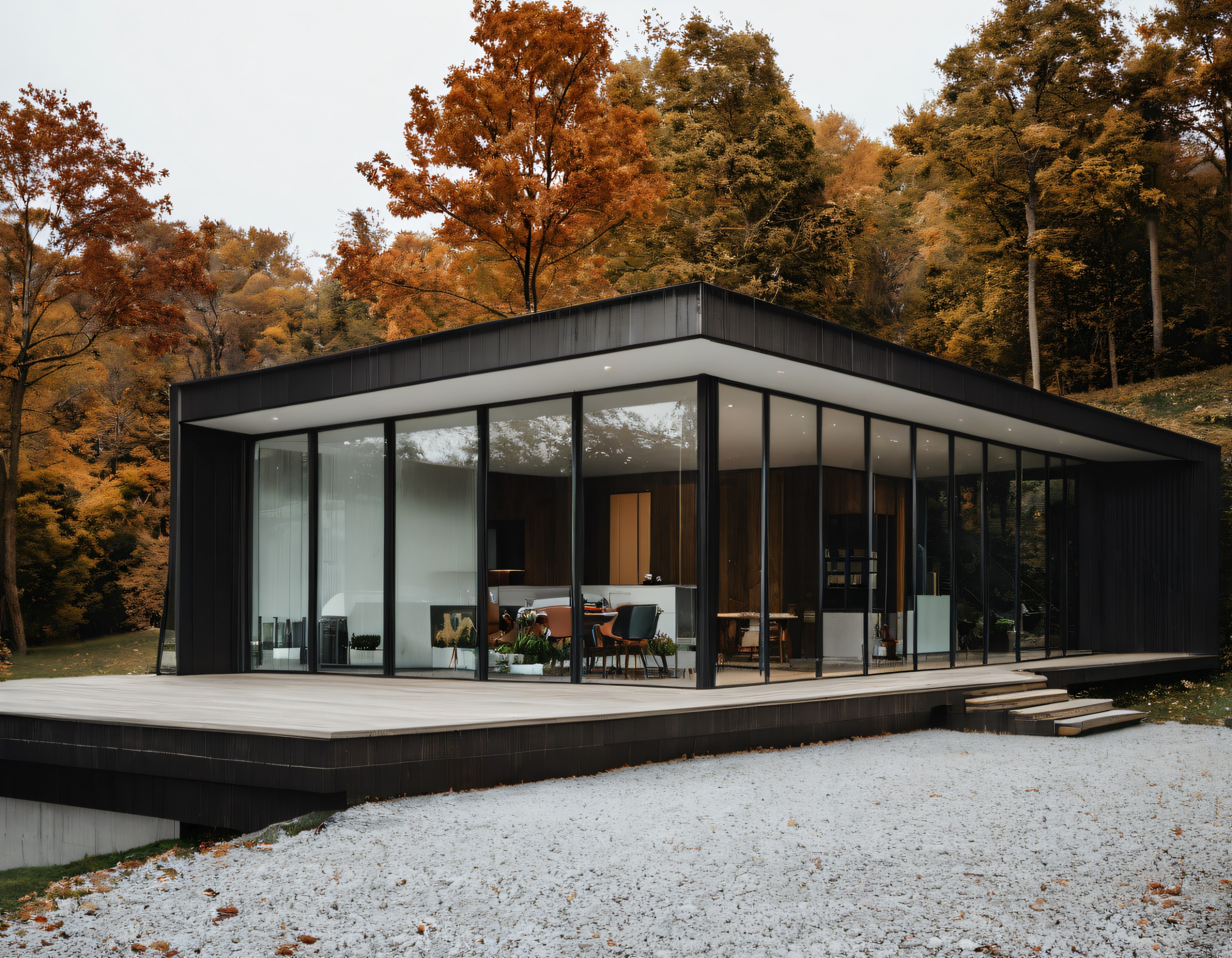 Sonbahar Ormanına Açılan Siyah Cepheli Modern Minimalist Cam Ev