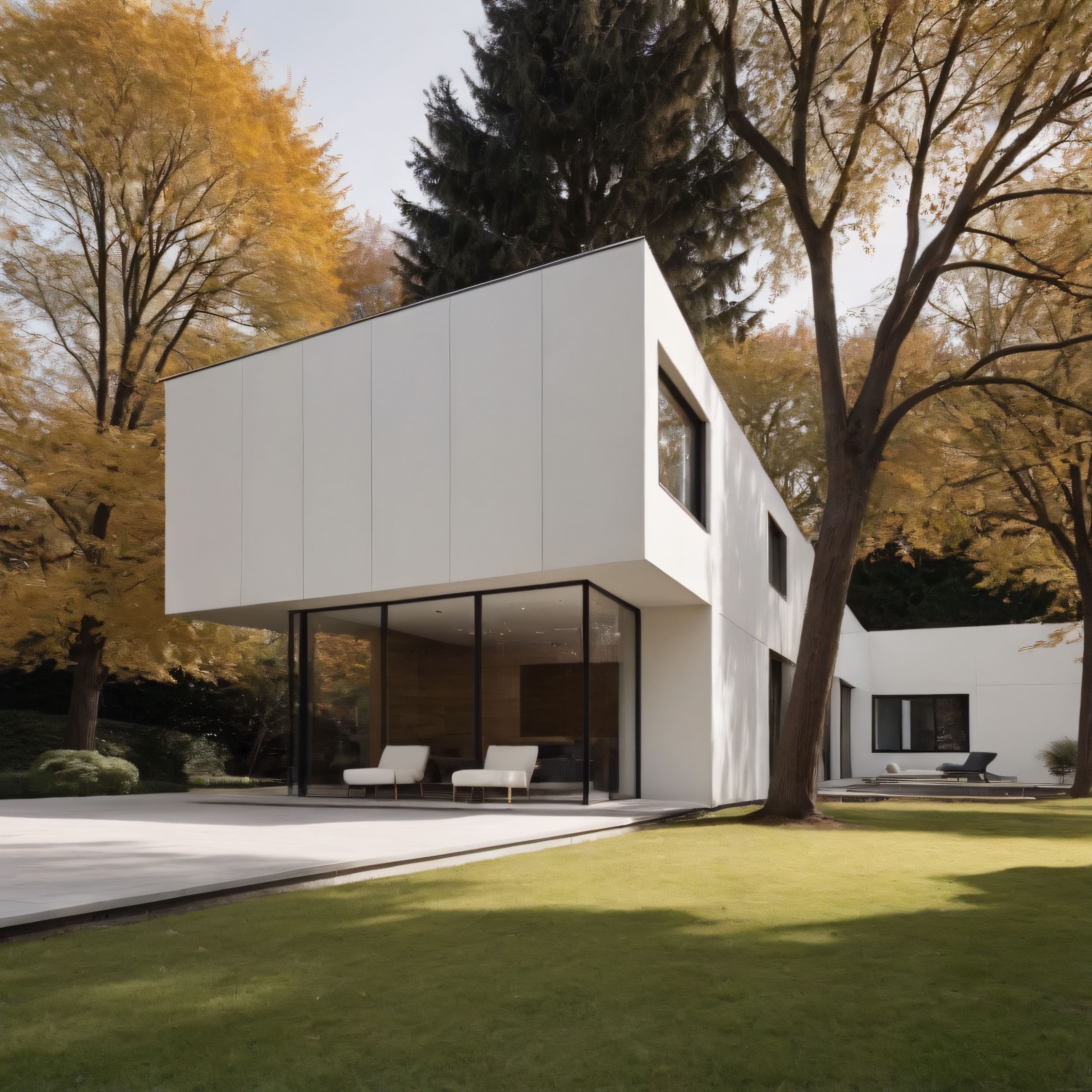 Sonbahar Ormanında Cam Cepheli Modern Minimalist Beyaz Villa Tasarımı
