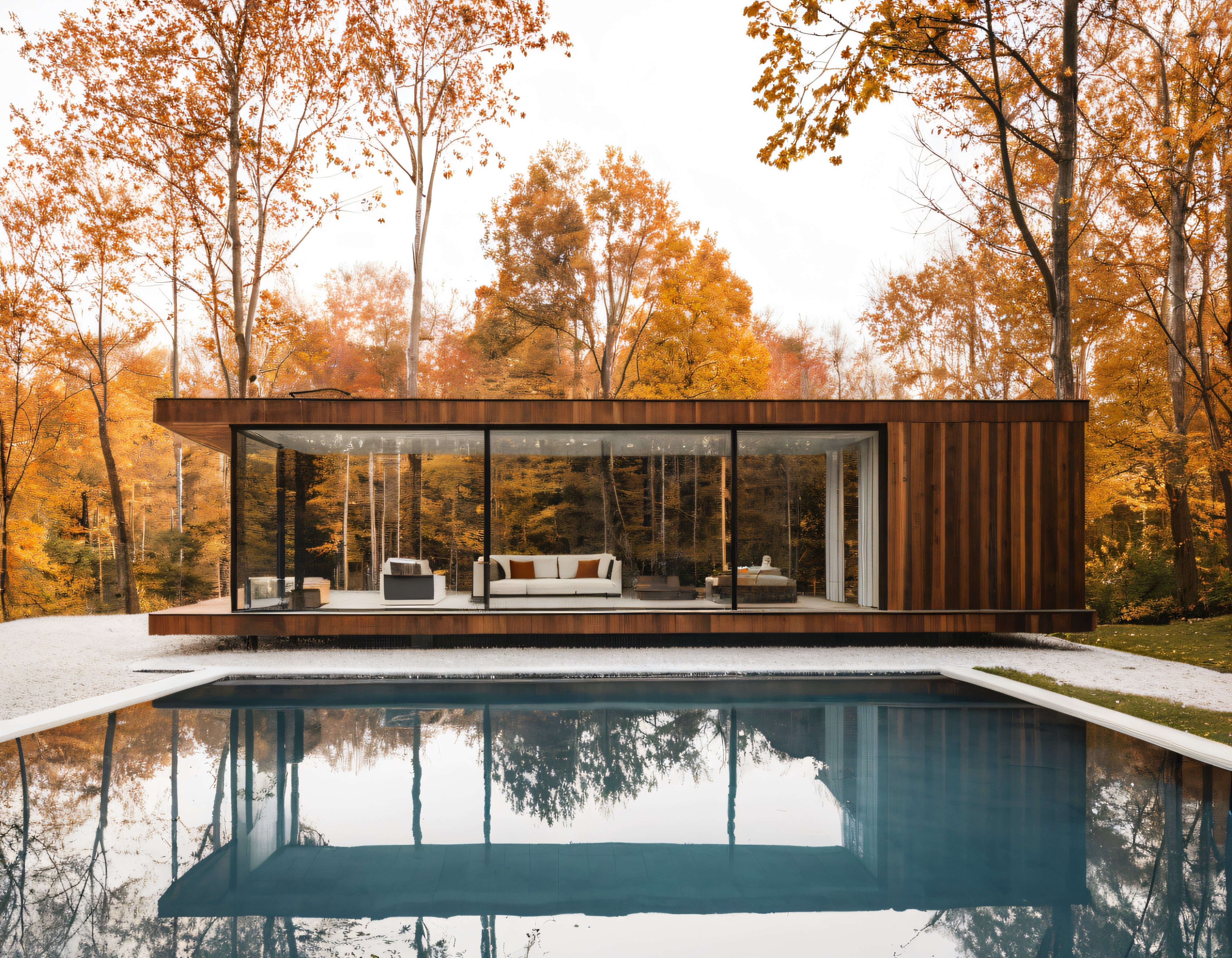 Sonbahar Ormanında Cam Cepheli Modern Villa ve Sonsuz Havuz Manzarası