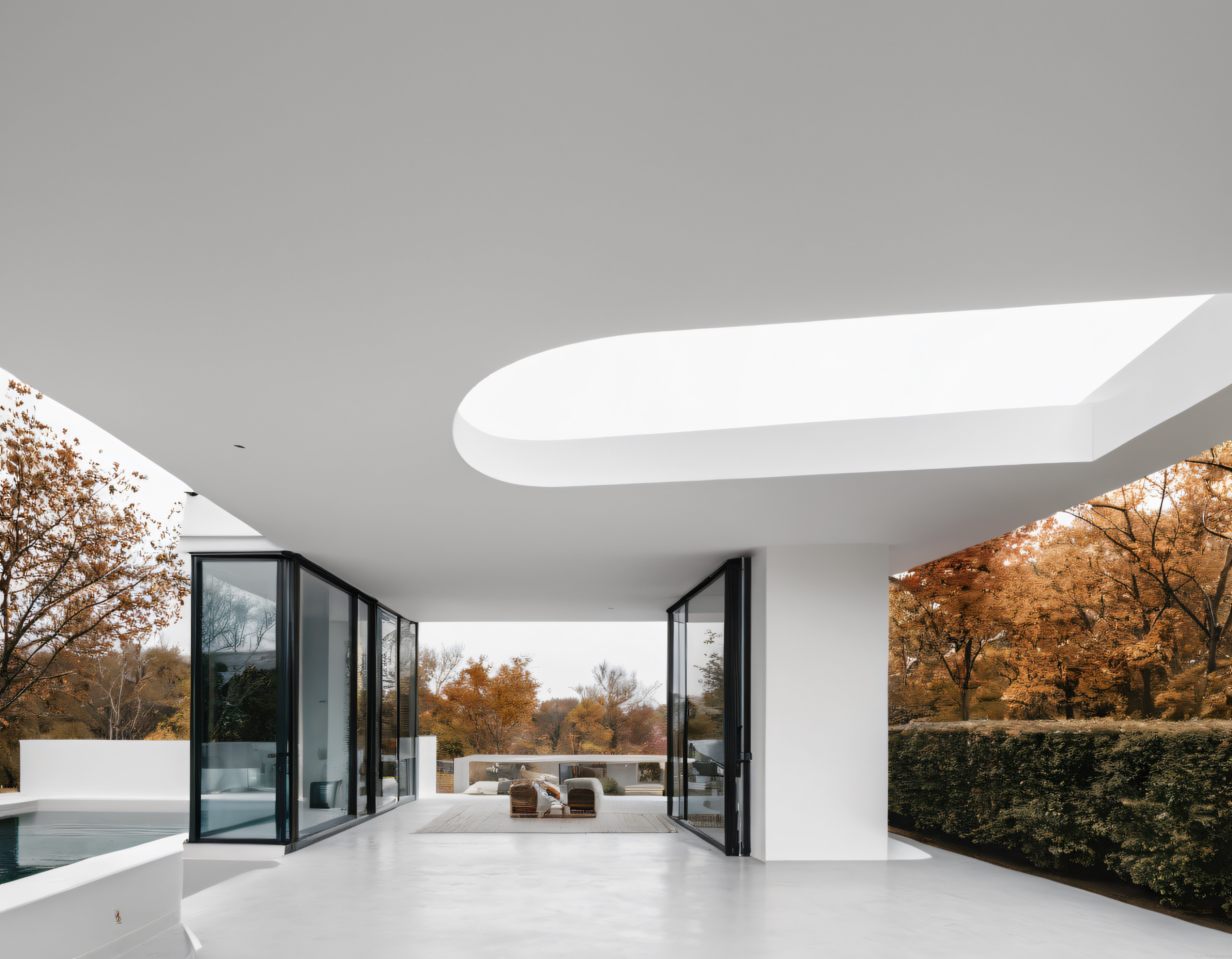 Sonbahar ormanında cam cepheli ve akıcı çatılı minimalist modern villa tasarımı