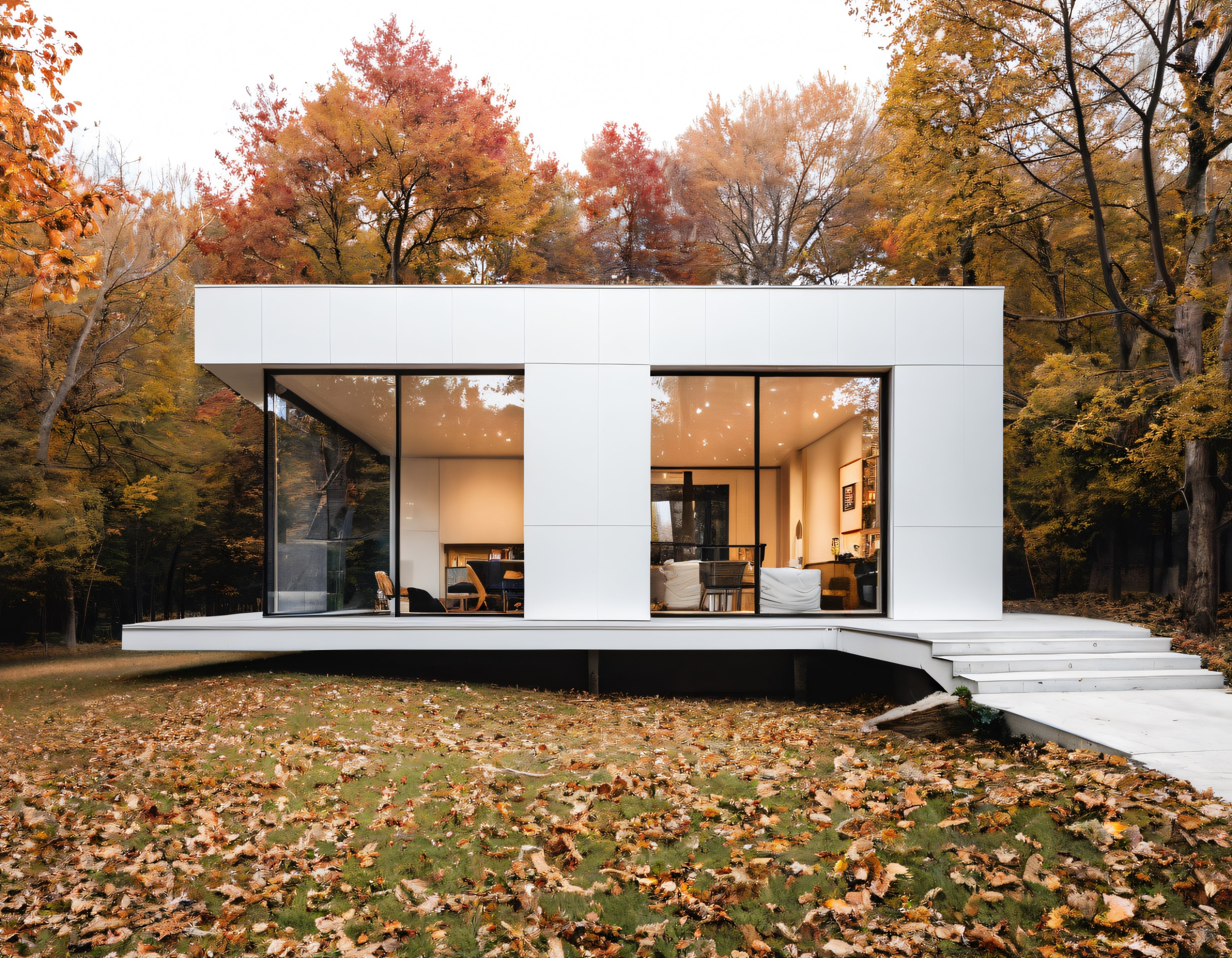 Sonbahar Ormanında Gizli Cam Cepheli Modern Minimalist Beyaz Villa