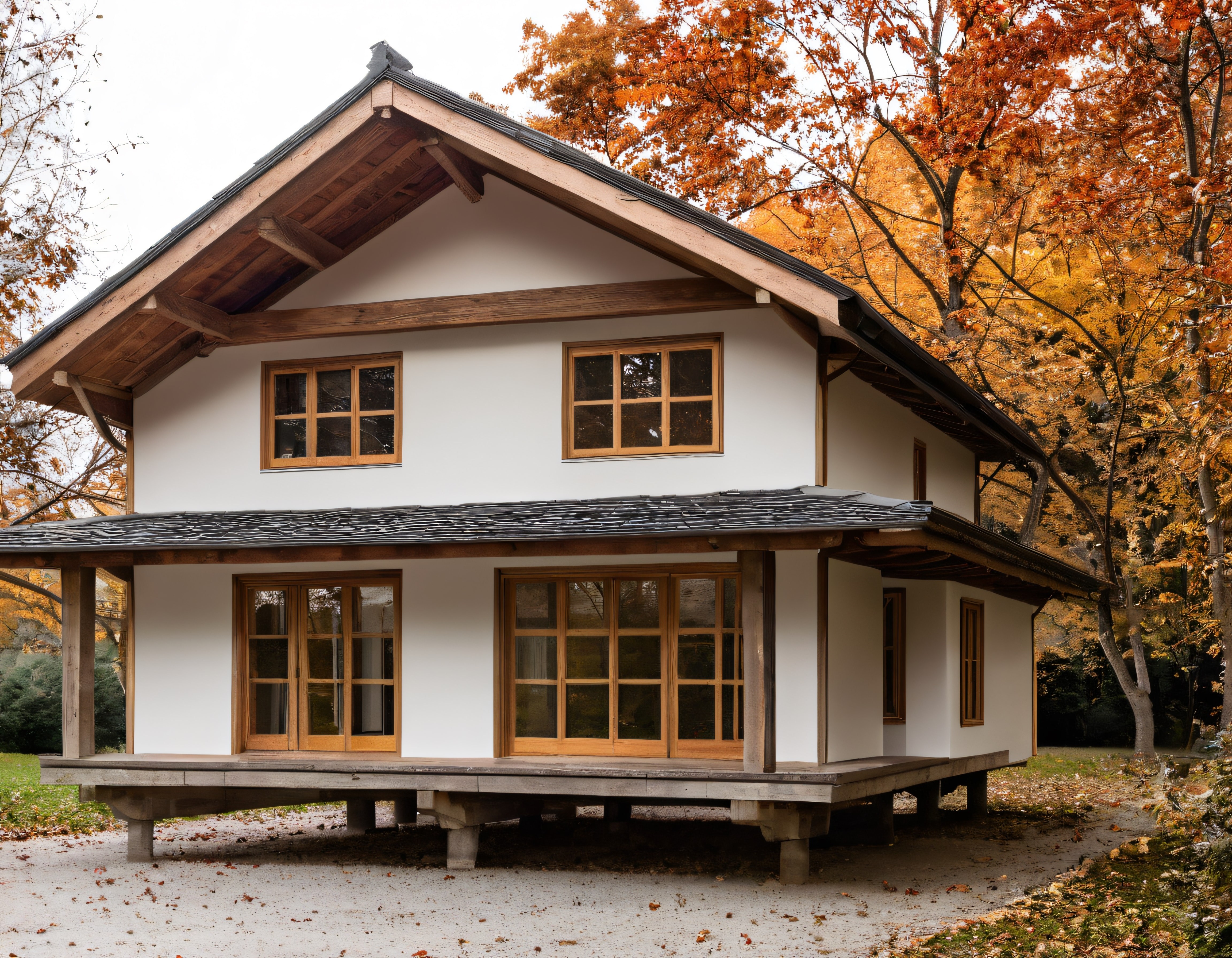 Sonbahar Ormanında Huzur Veren Geleneksel Japon Stili Ahşap Ev