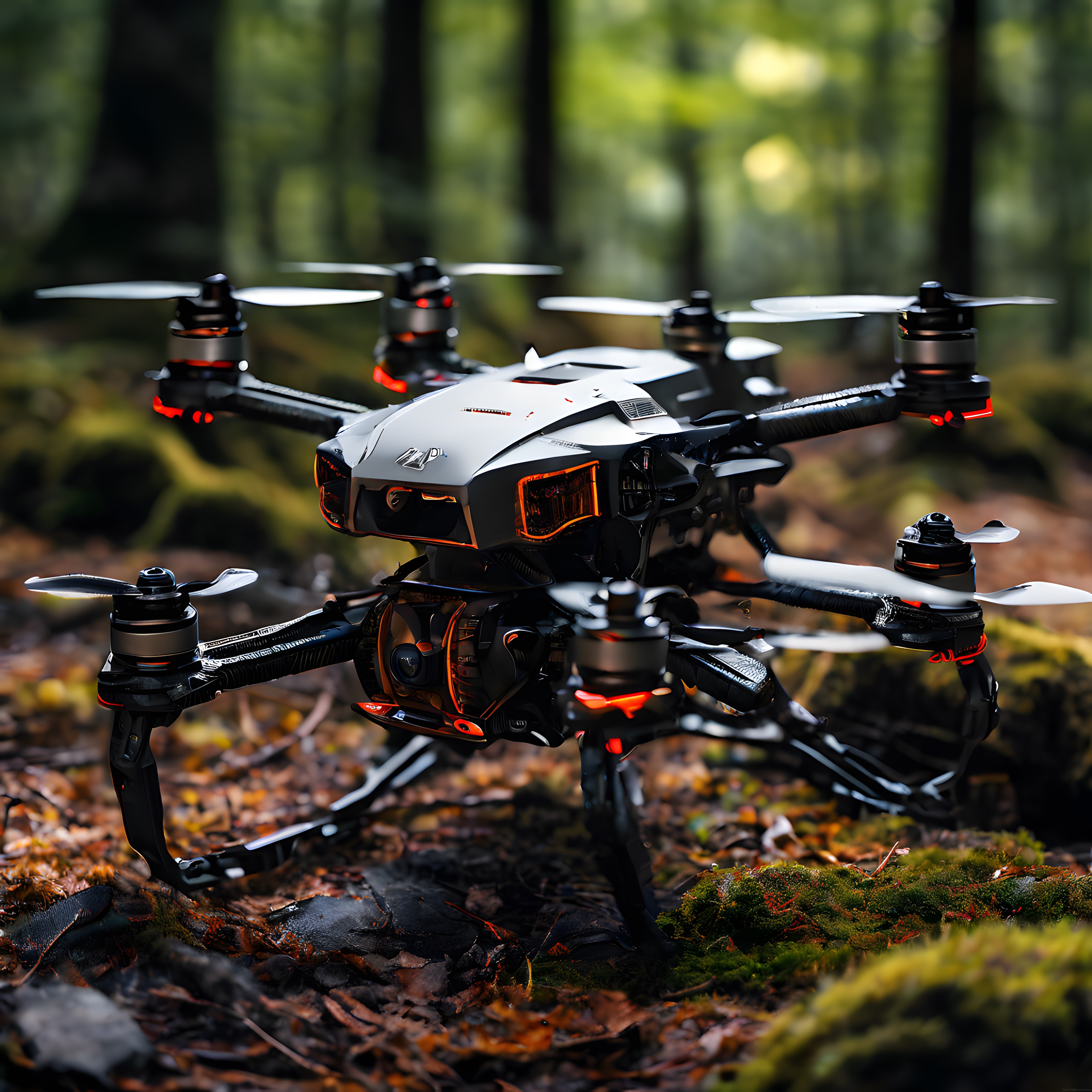 Sonbahar ormanında konuşlu kızılötesi kameralı taktiksel drone