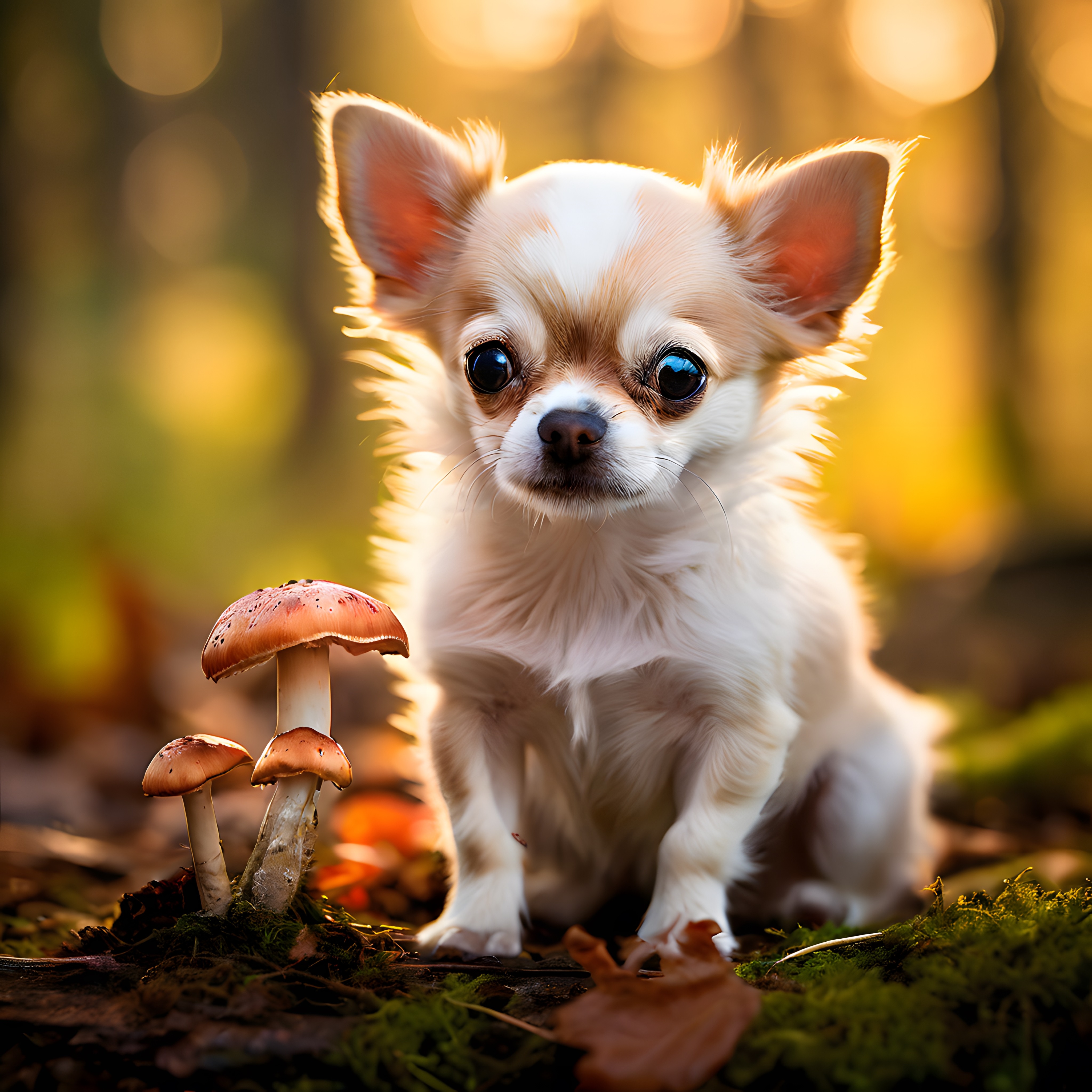 Sonbahar Ormanında Mantarların Yanında Oturan Sevimli Chihuahua Köpeği