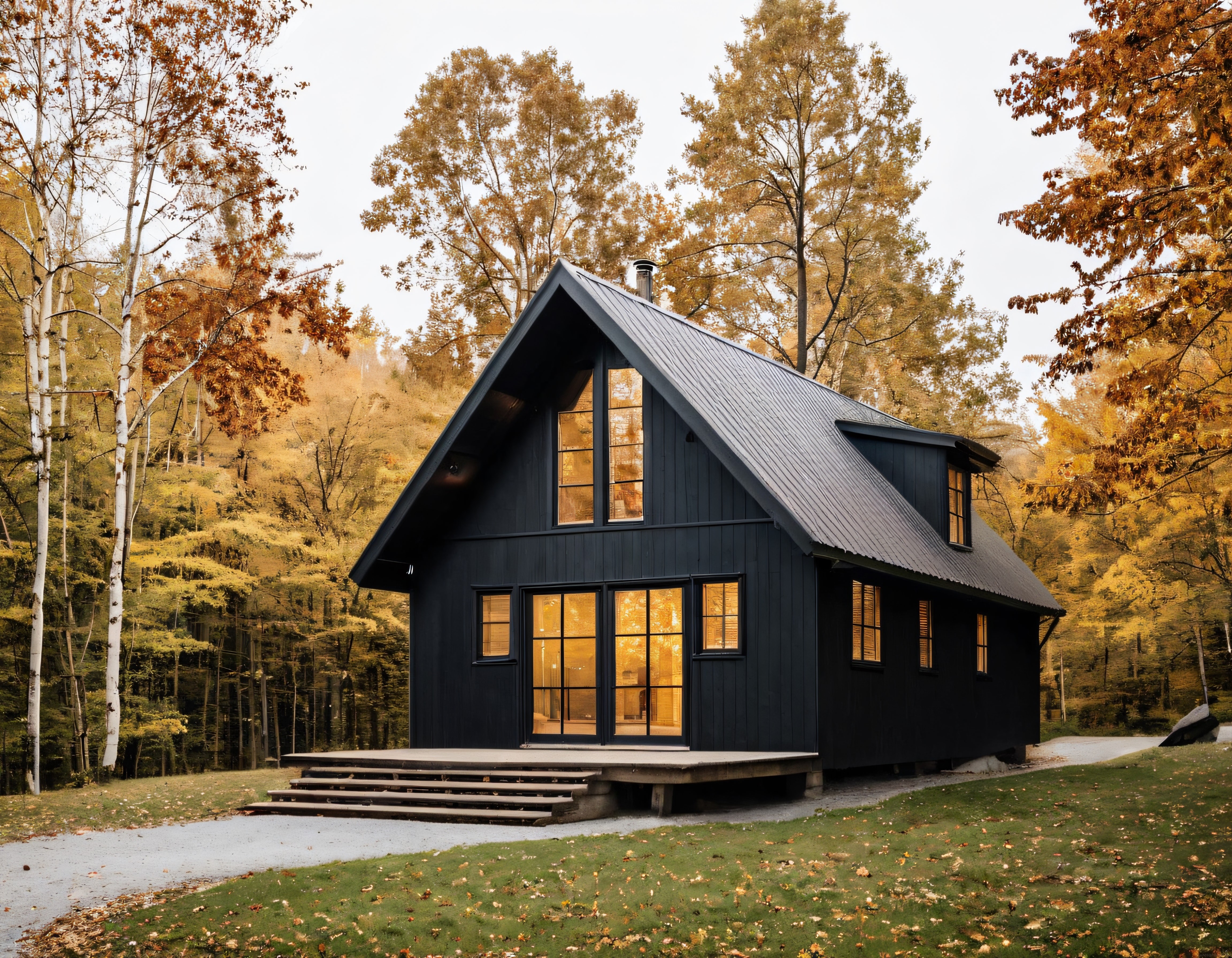 Sonbahar Ormanında Modern Mimari ve Sıcacık Işıklı A-Frame Kulübe