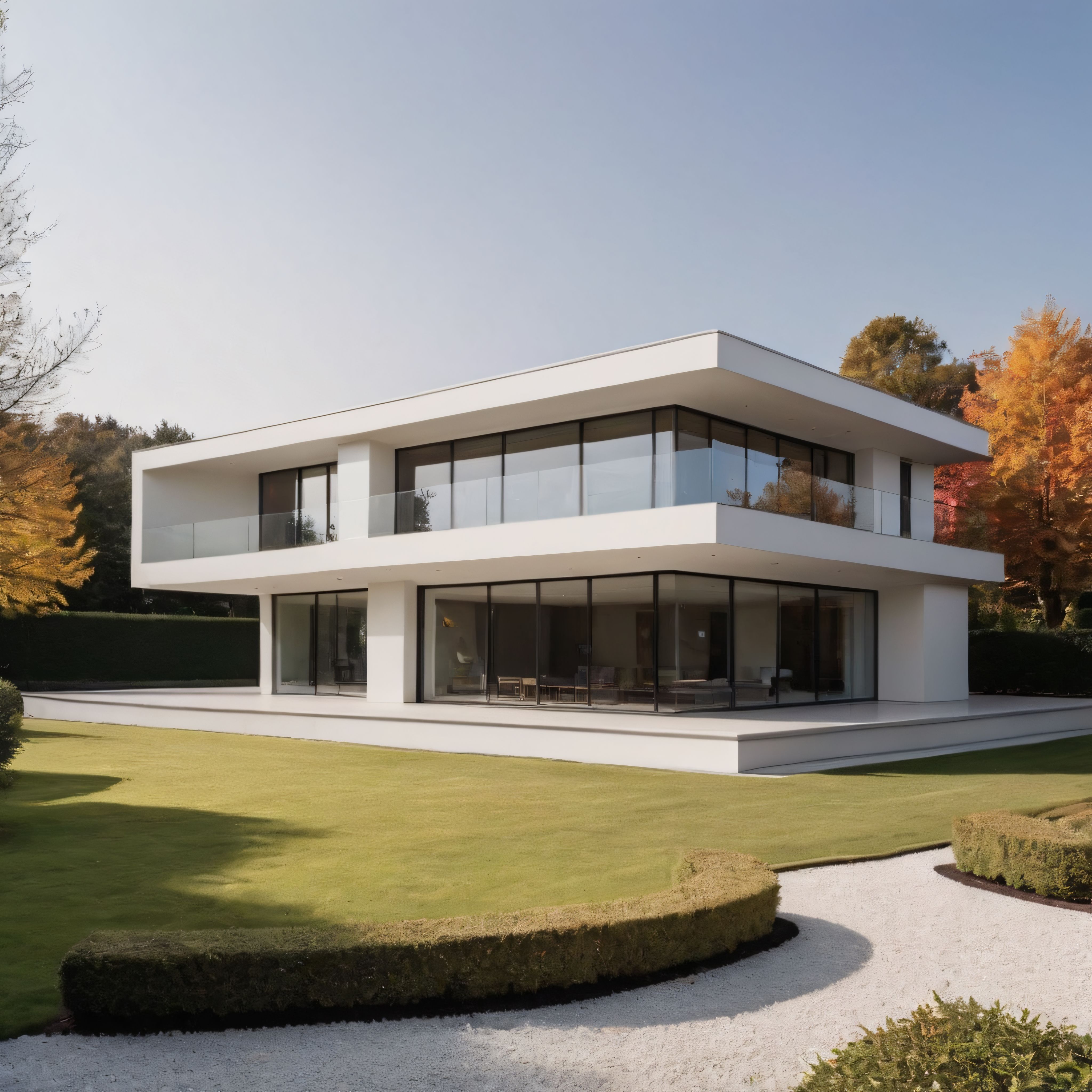 Sonbahar Ormanında Modern Minimalist Villa ve Geniş Bahçe Manzarası