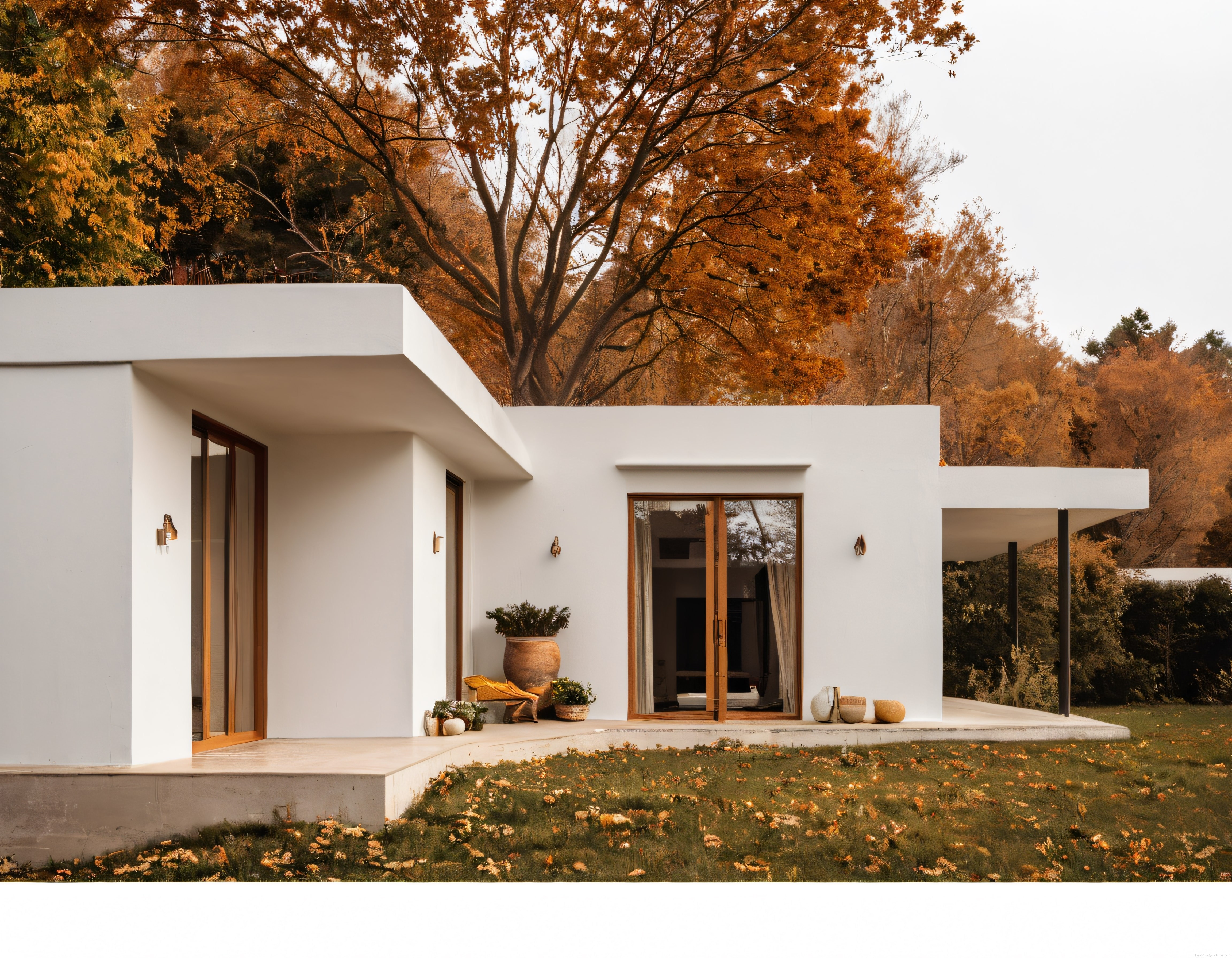 Sonbahar Ormanının İçinde Gizlenmiş Minimalist Beyaz Villa ve Bahçe