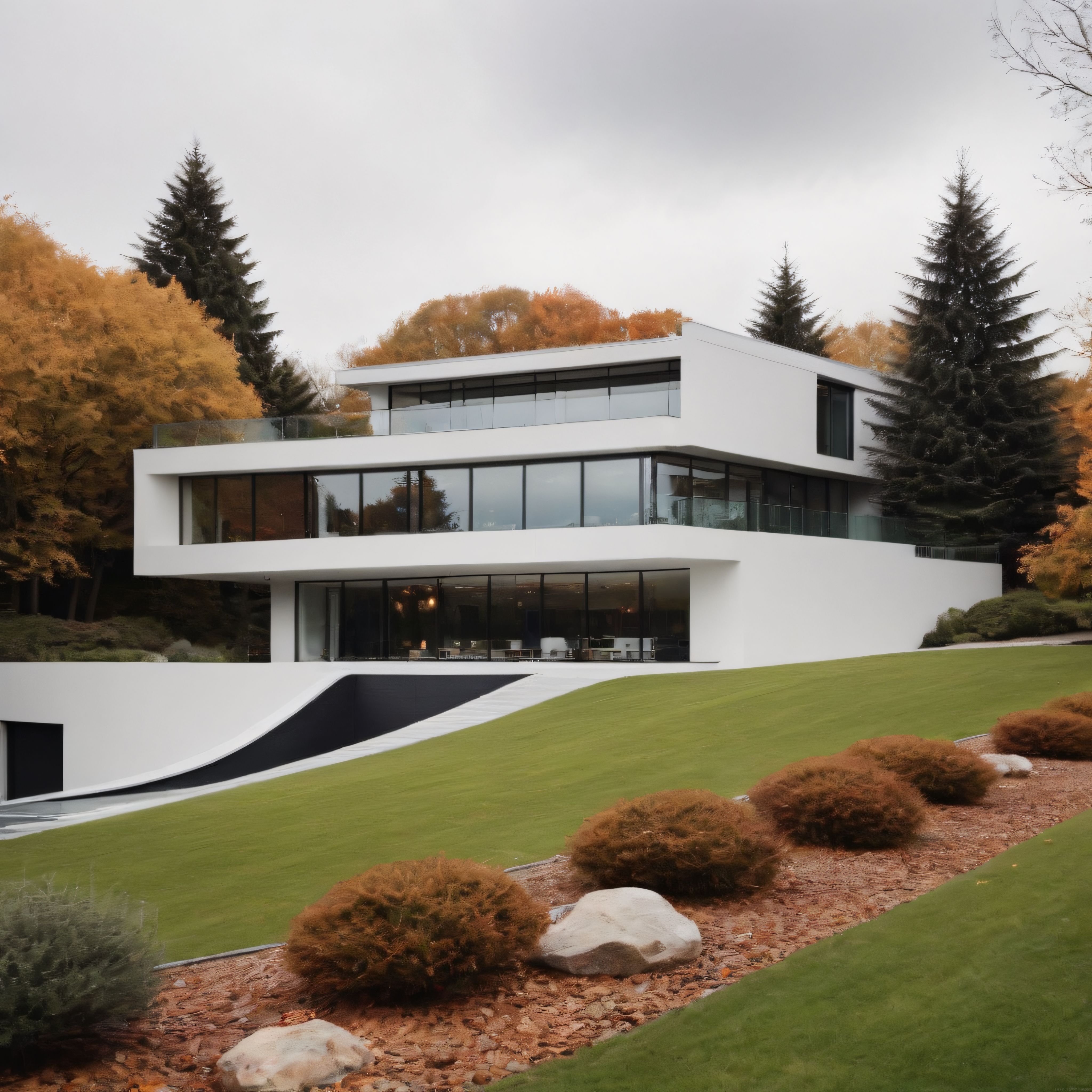 Sonbahar Ormanının İçinde Gizli Zarif Çizgilerle Tasarlanmış Modern Beyaz Villa