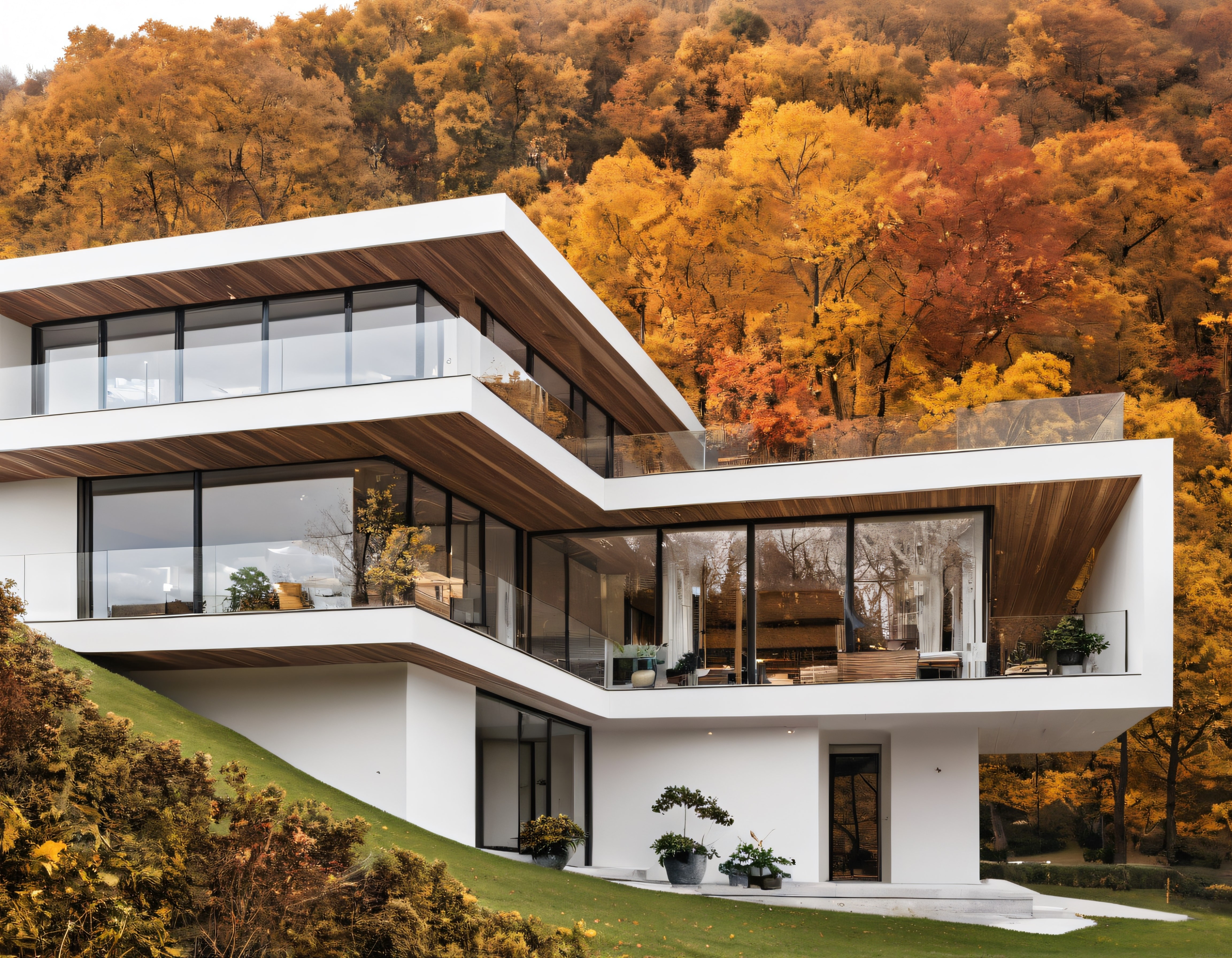 Sonbahar ormanının içinde tepeye yaslanan modern beyaz villa