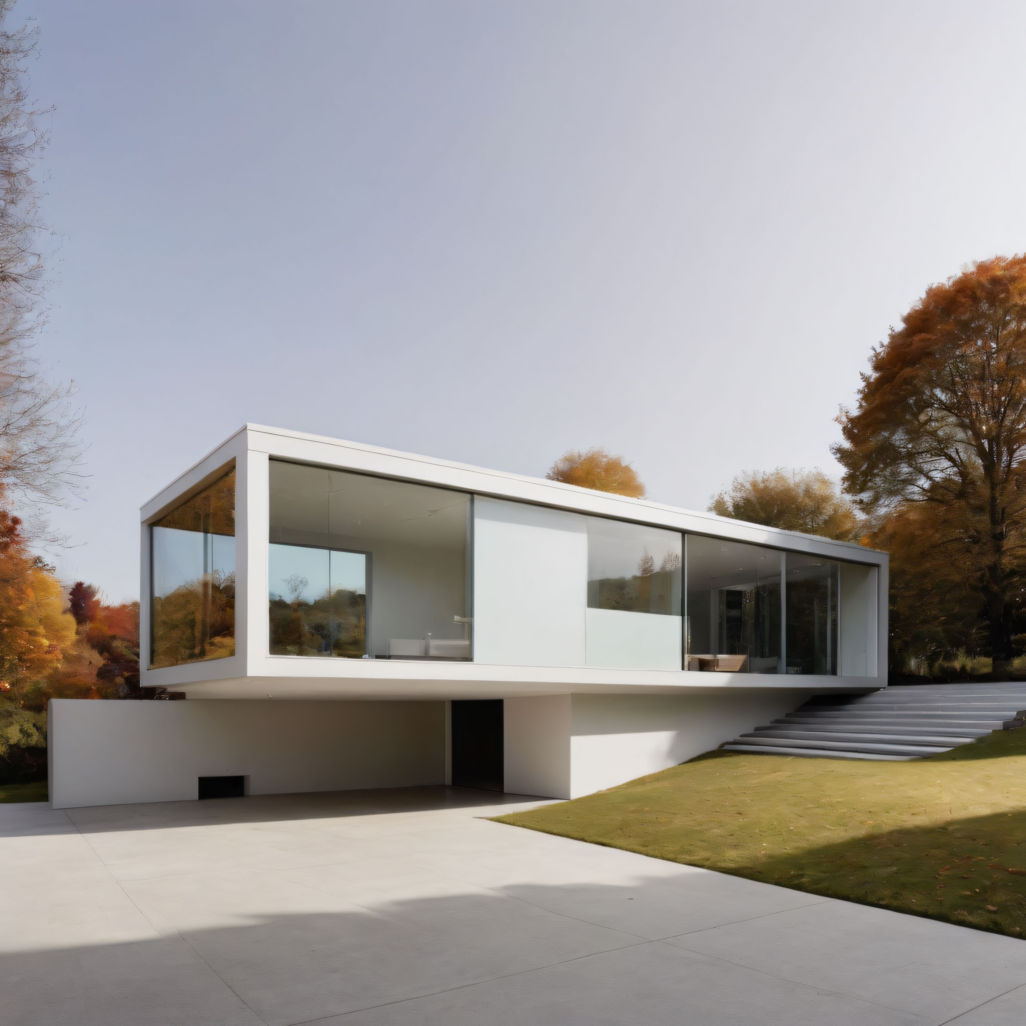 Sonbahar Ormanının İçinde Yükselen Modern Minimalist Cam ve Beton Villa