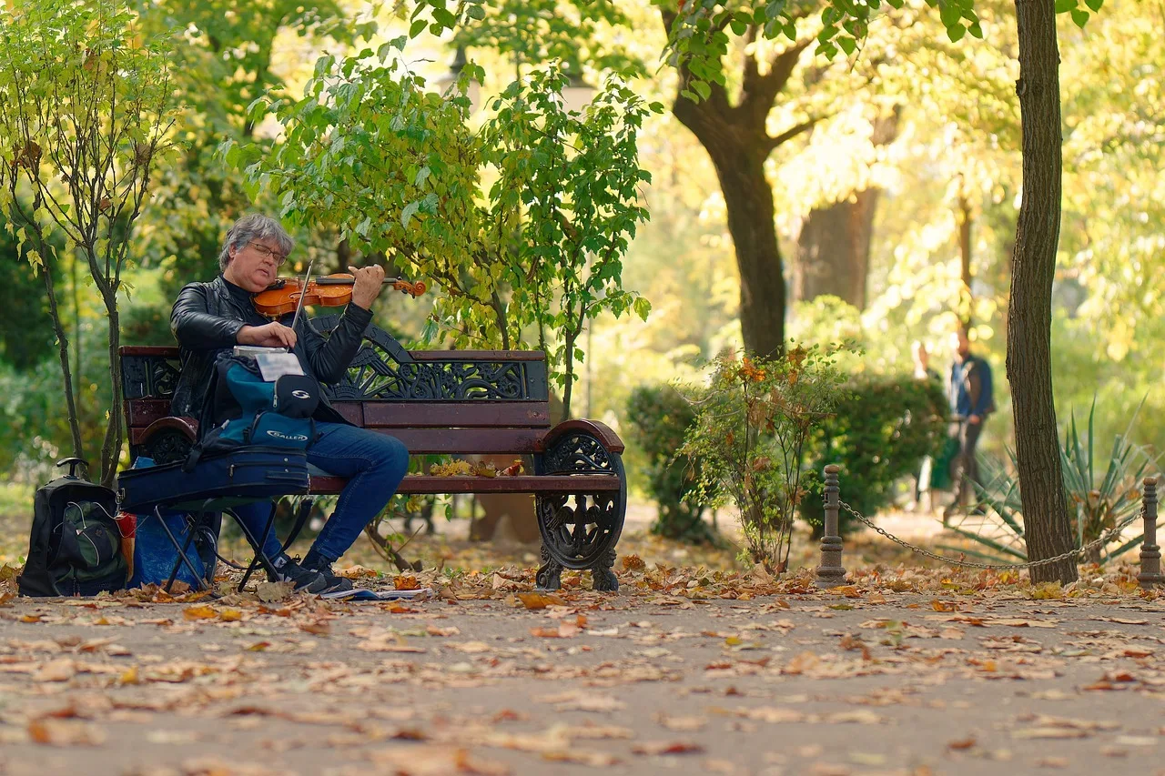 Sonbahar parkında keman çalan yetenekli adam