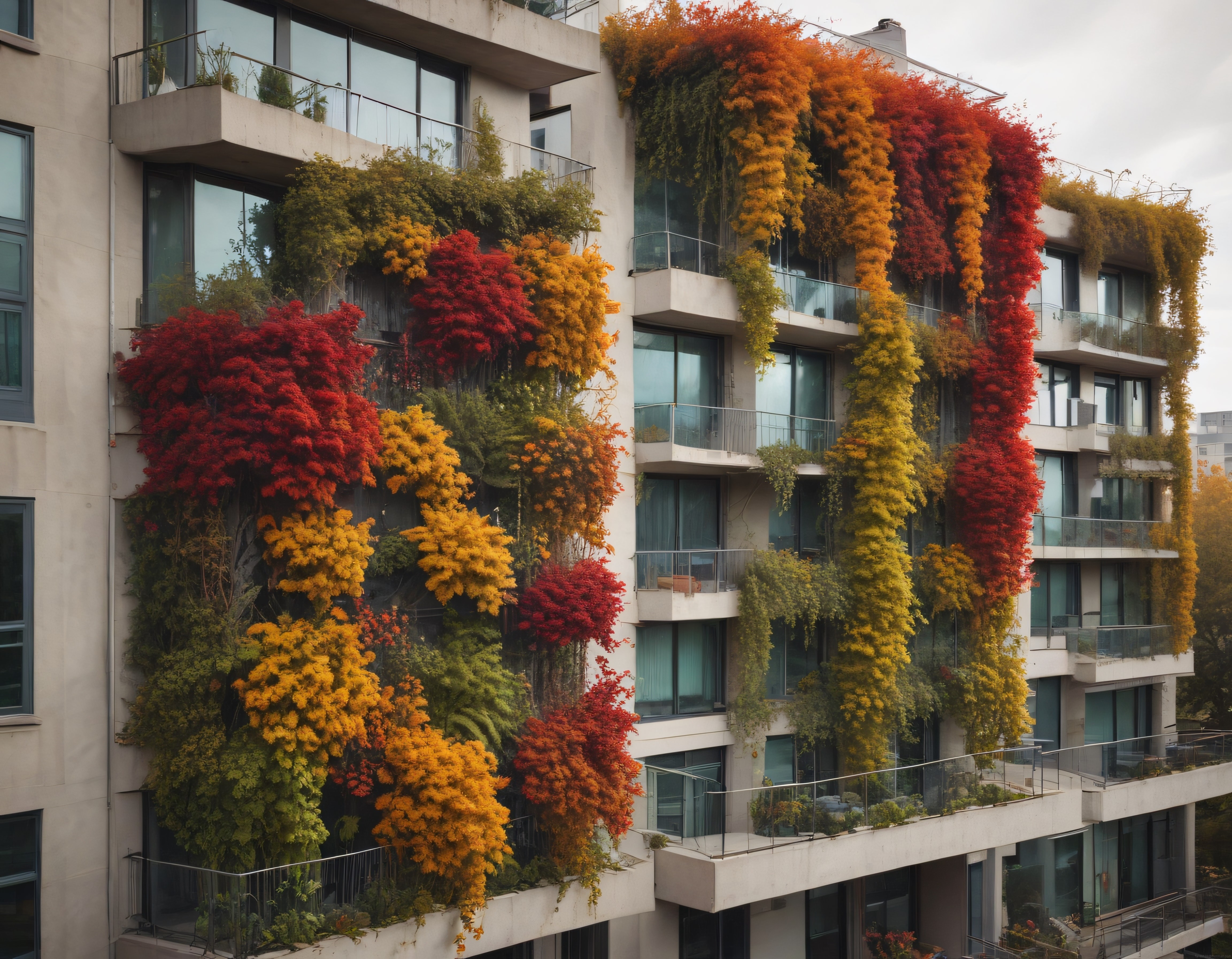 Sonbahar Rengârenk Sarmaşıklarla Kaplanmış Modern Apartman Cephesi Sonbahar Rengârenk Sarmaşıklarla Kaplanmış Modern Apartman Cephesi