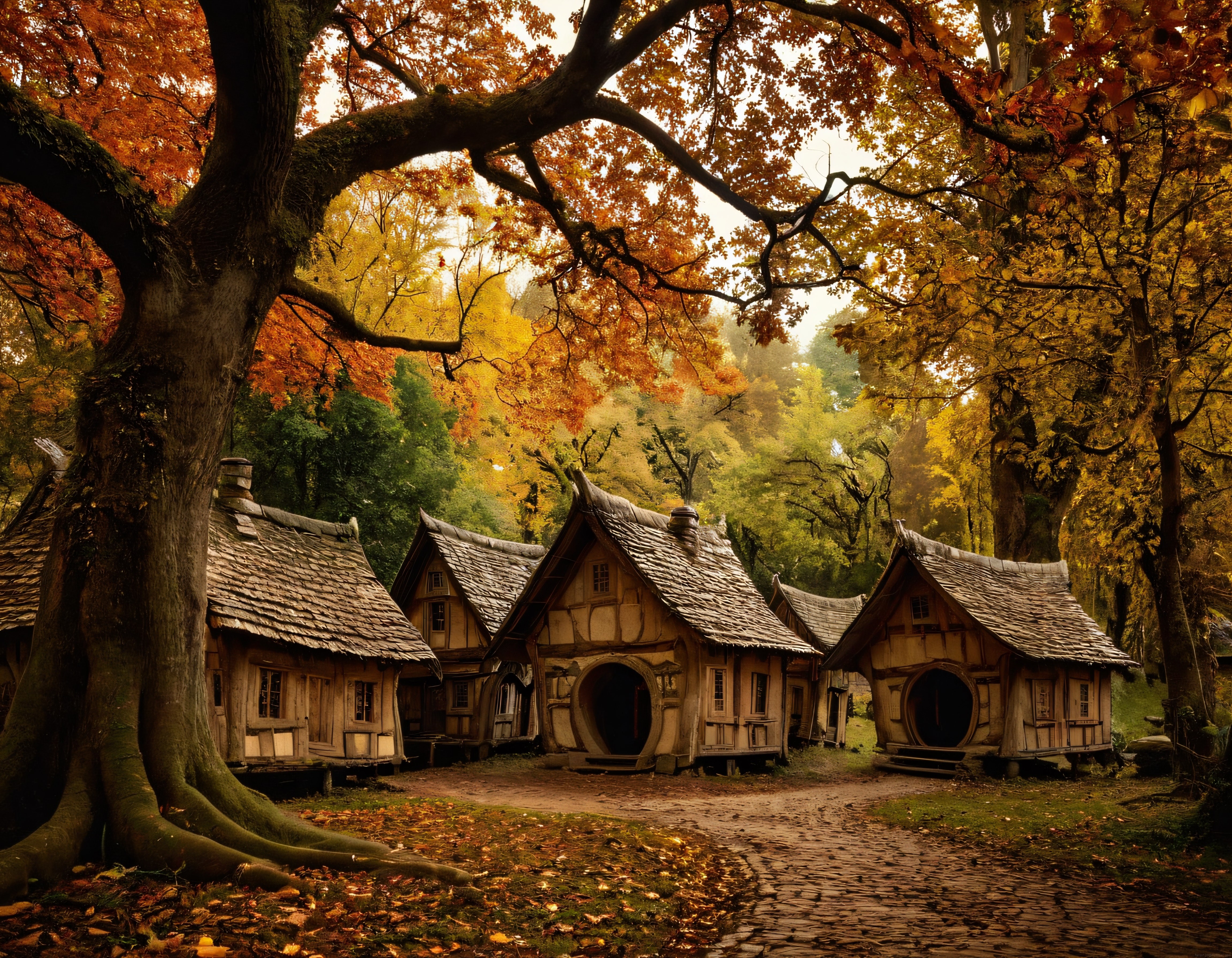 Sonbahar Rengindeki Ormanda Gizli Kalmış Masalsı Hobbit Evleri Sonbahar Rengindeki Ormanda Gizli Kalmış Masalsı Hobbit Evleri