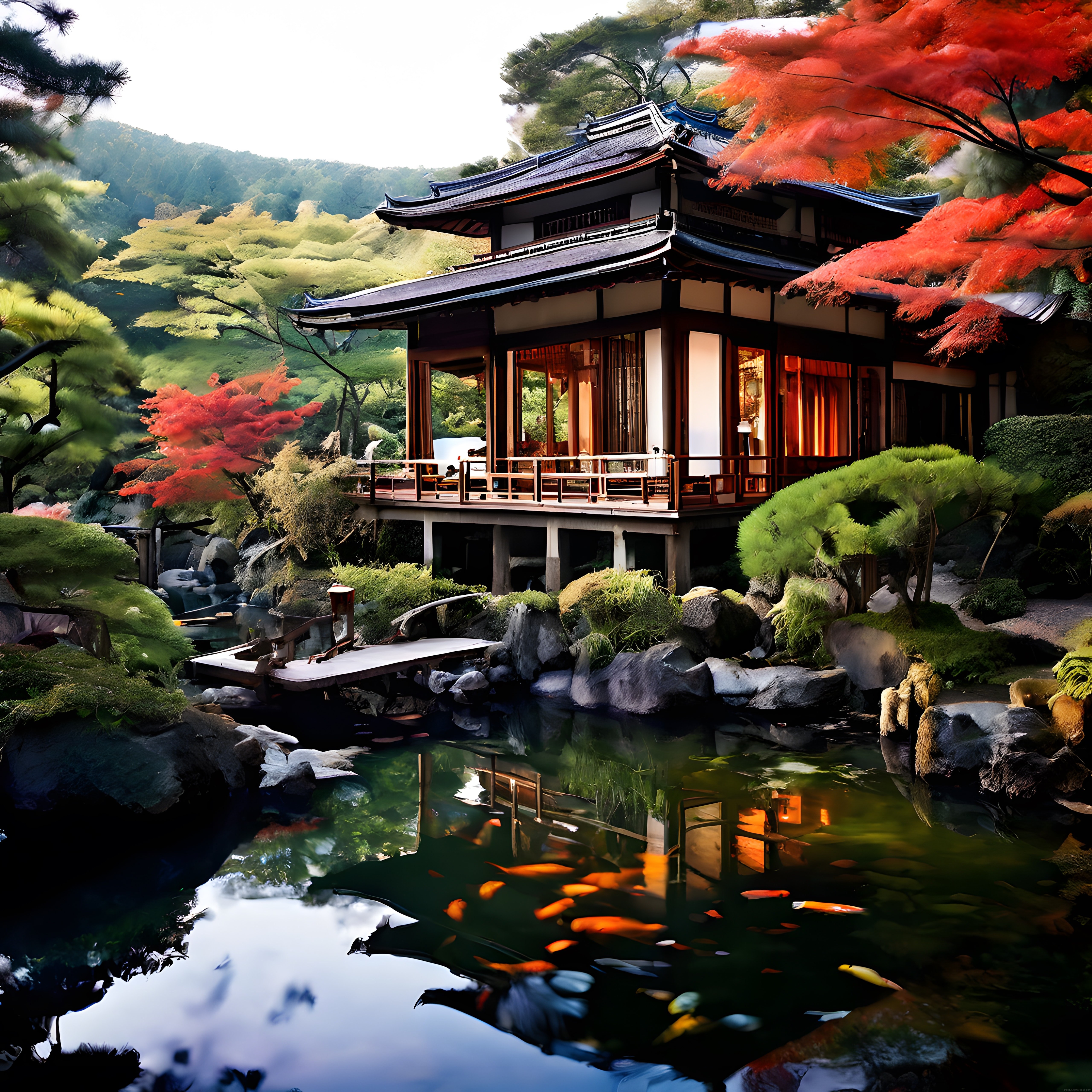 Sonbahar renklerinde geleneksel Japon bahçesi ve koi balıklı sakin göl