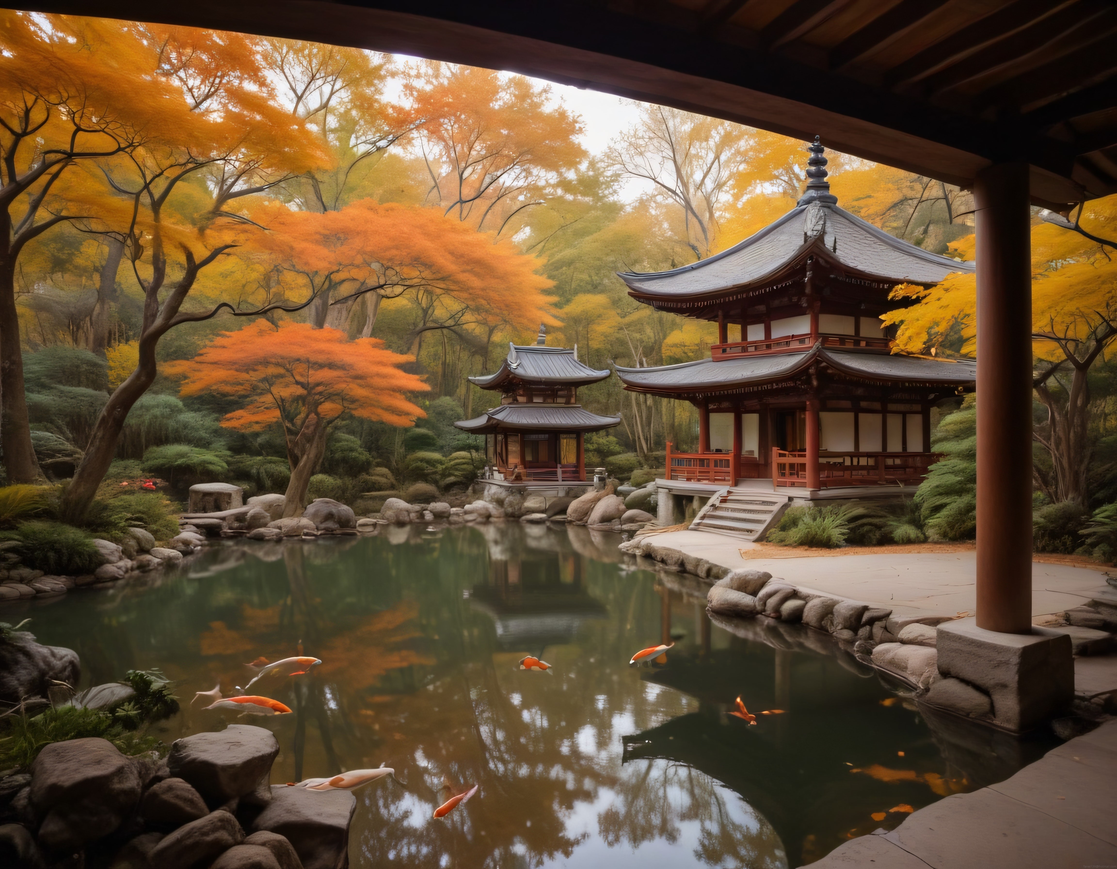 Sonbahar Renklerinde Geleneksel Japon Tapınağı ve Koi Balıklı Huzur Bahçesi