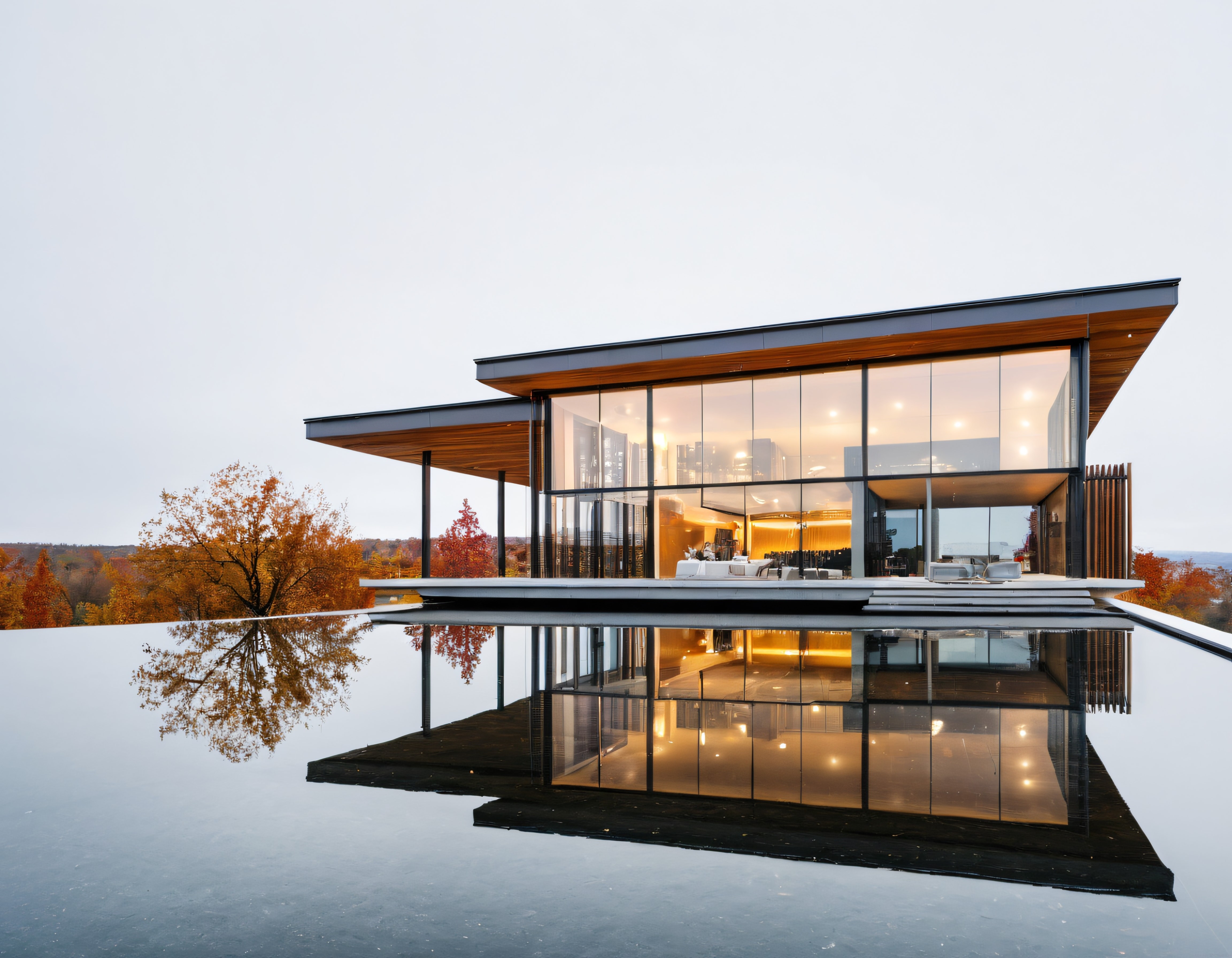 Sonbahar Renklerinde Göl Kenarında Cam Cepheli Modern Lüks Villa ve Yansıma