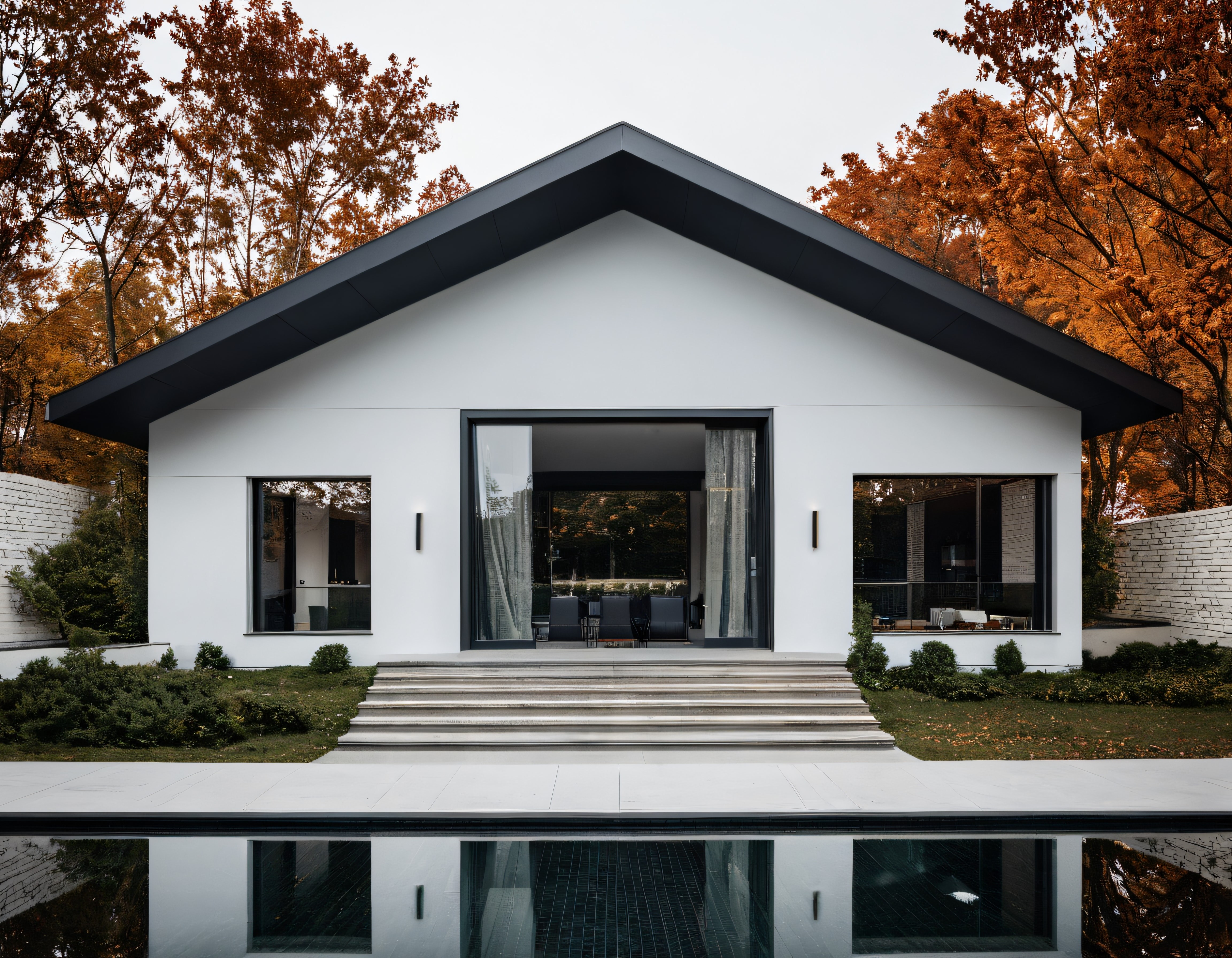 Sonbahar Renklerinde Göl Kenarında Modern Lüks Villa ve Yansıma Havuzu