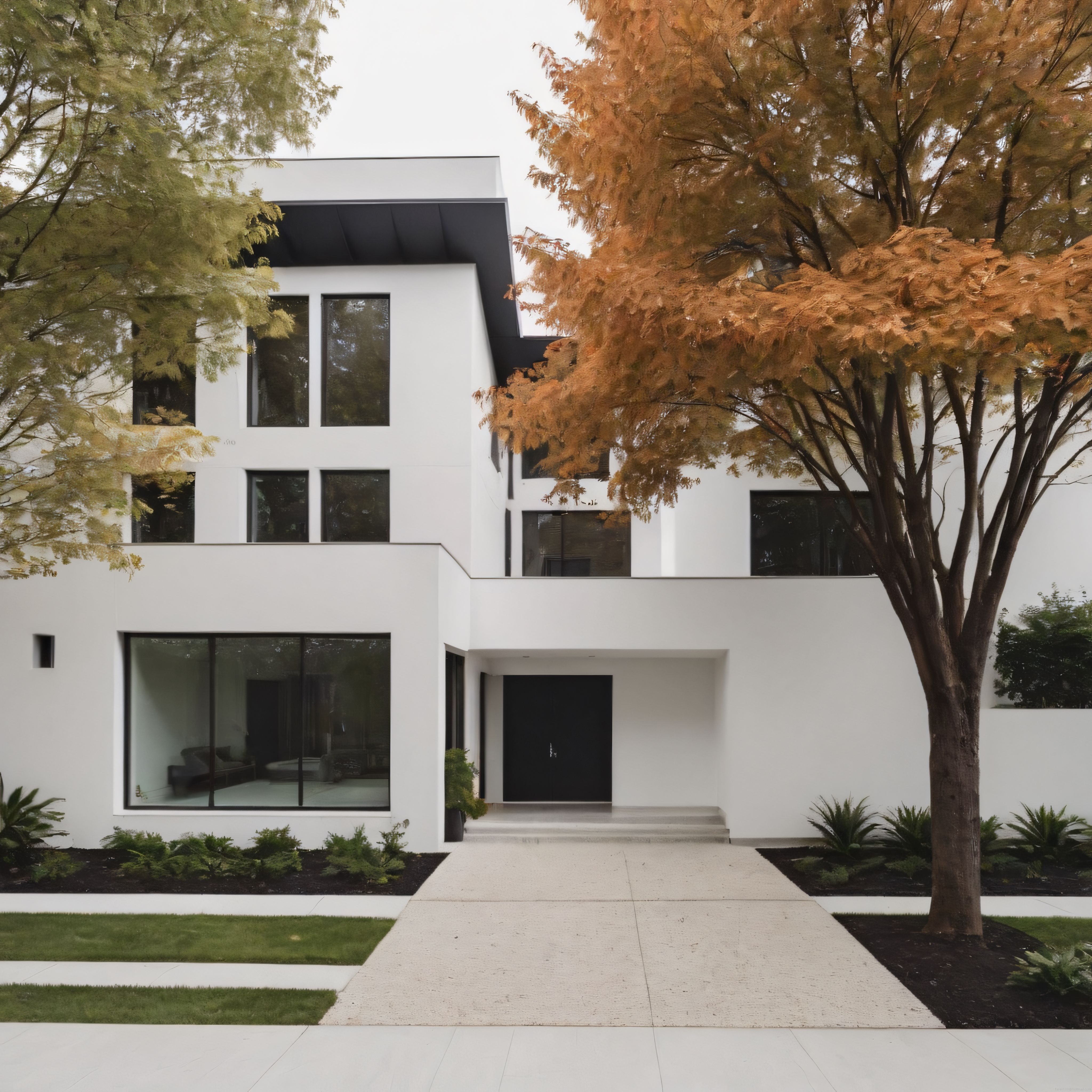Sonbahar renklerinde modern minimalist bir villa cephesi ve bahçe
